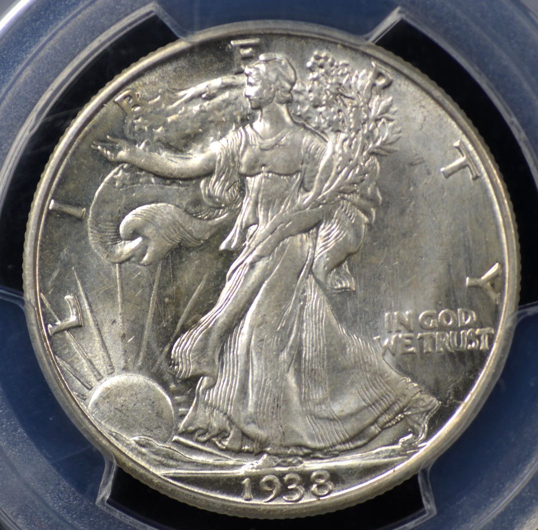 1938 D WALKING LIBERTY HALF DOLLAR PCGS MS 62 ALL WHITE, DECENT STRIKE, TICS