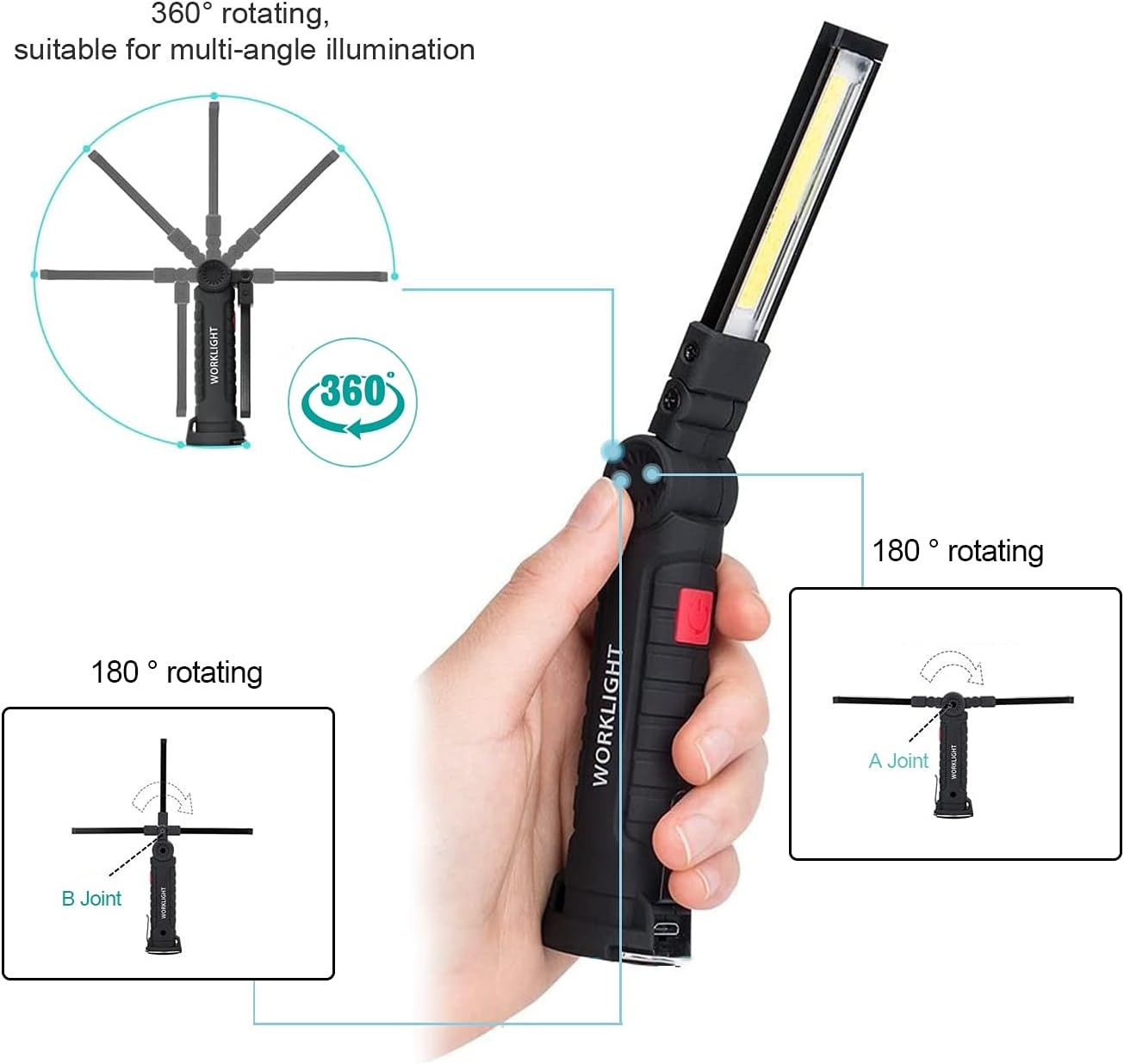 2 Pack Magnetic Base LED COB Work Light Rechargeable Mechanic Torch Flashlight