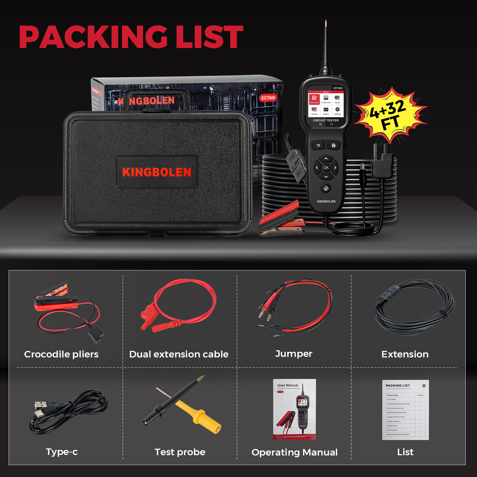 KINGBOLEN ECT600 12V-24V Multi-function Power Circuit Probe Tool Battery Tester
