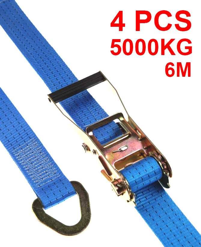 4PCS D Ring Ratchet Lashing Strap Blue 6M 5000KG Breaking Strength
