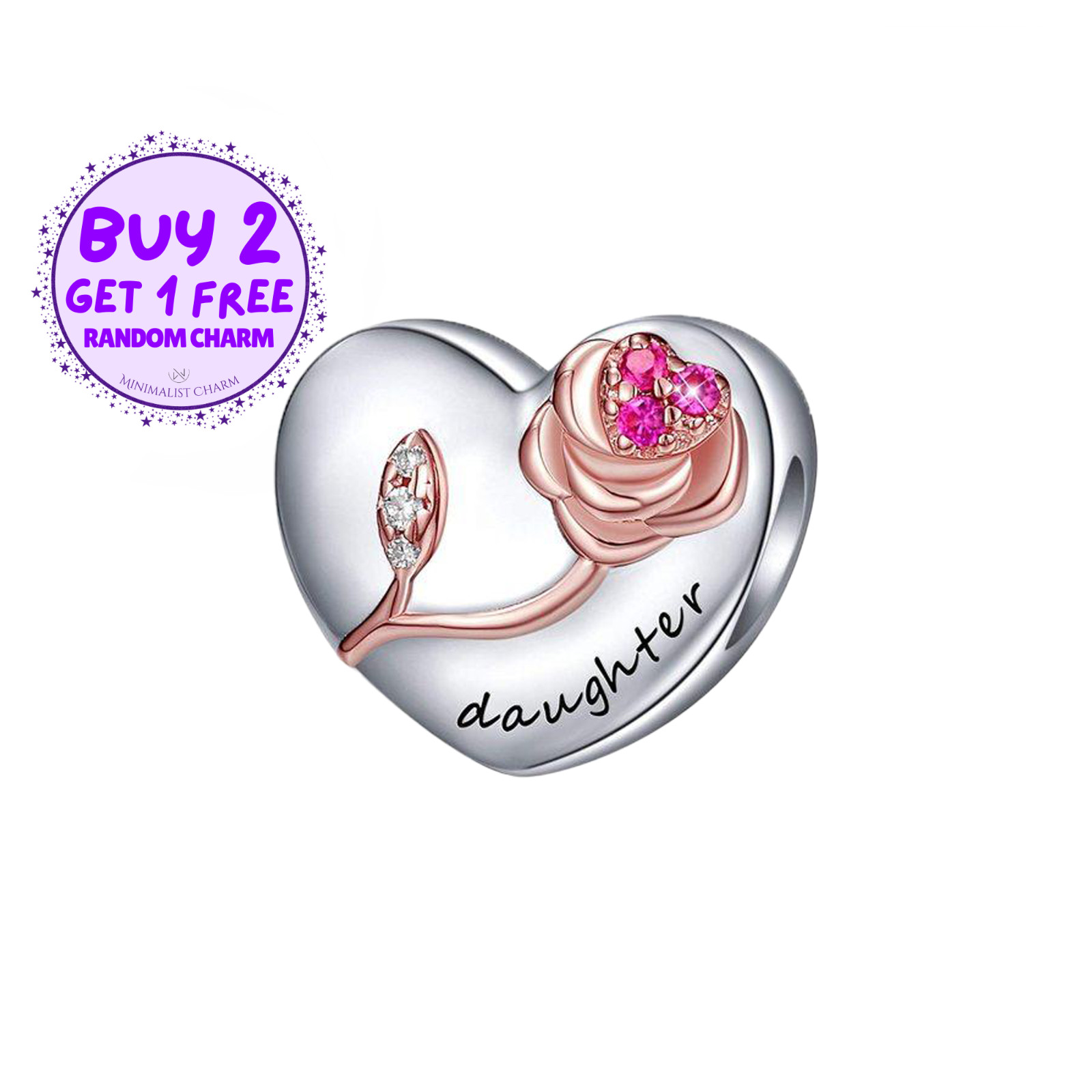 Daughter Heart Charm For Bracelet, Floral Charm, Heart Charm For Birthday