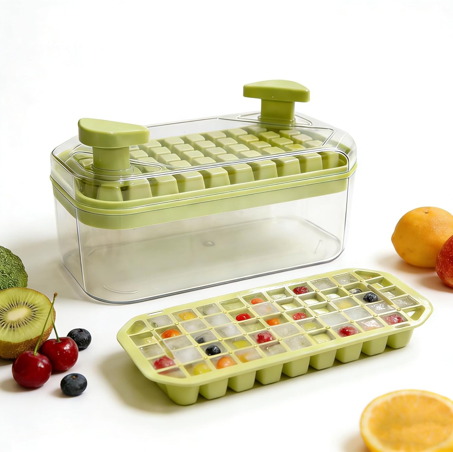 Compact Ice Cube Tray W/ Lid & Bin Mini Press-Type Ice Cube Maker Freezer