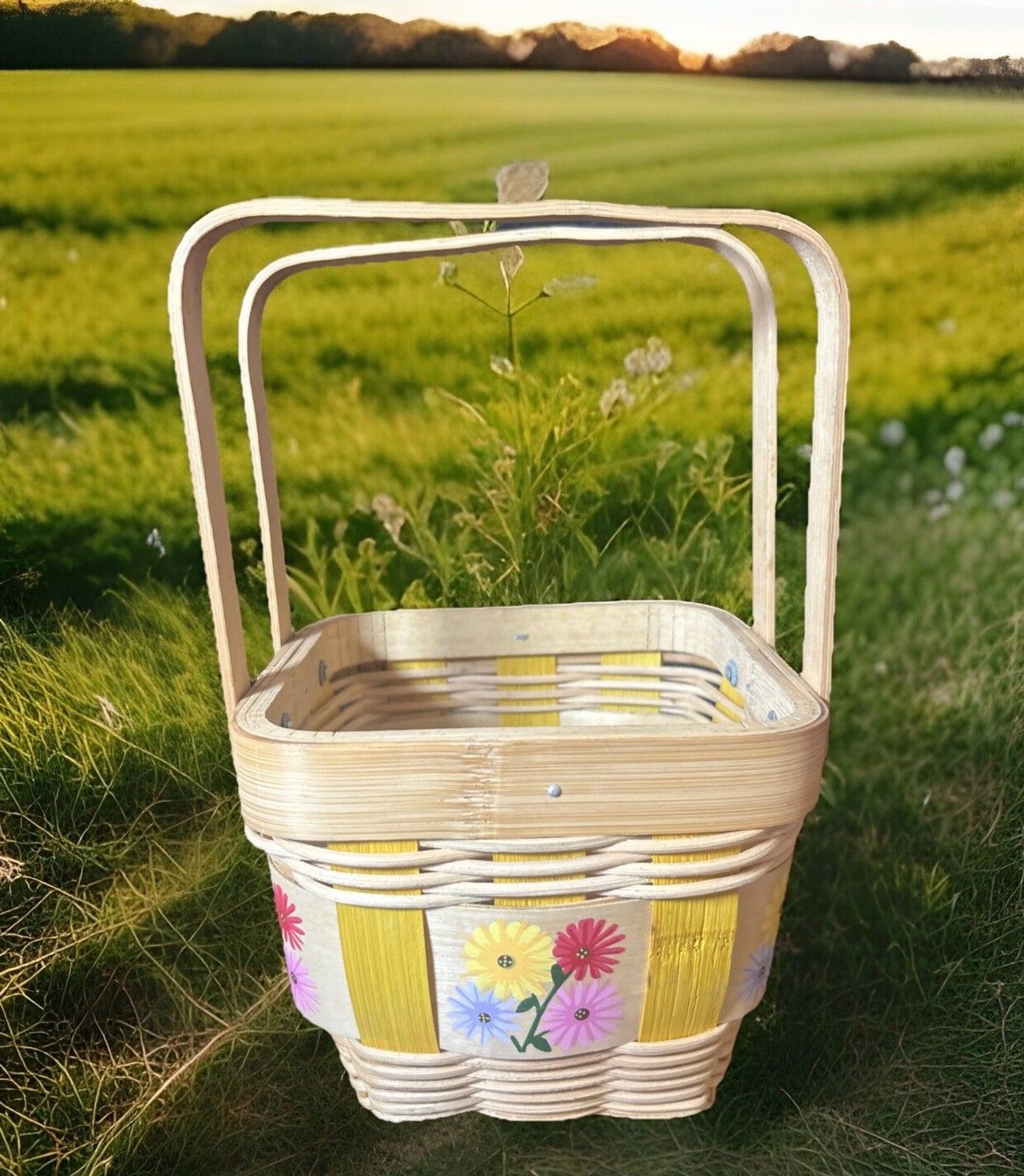 Painted Basket Double Hinge Handles Split Light Color Wood Floral Easter Spring