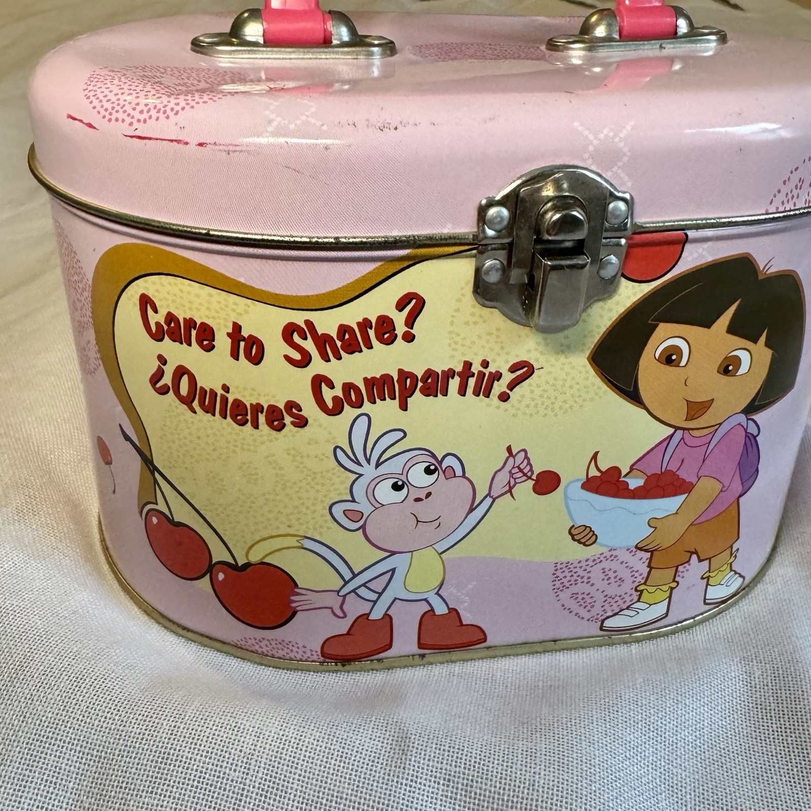RARE Nickelodeon Dora The Explorer & Boots Tin Box Pink With Latch & Handle