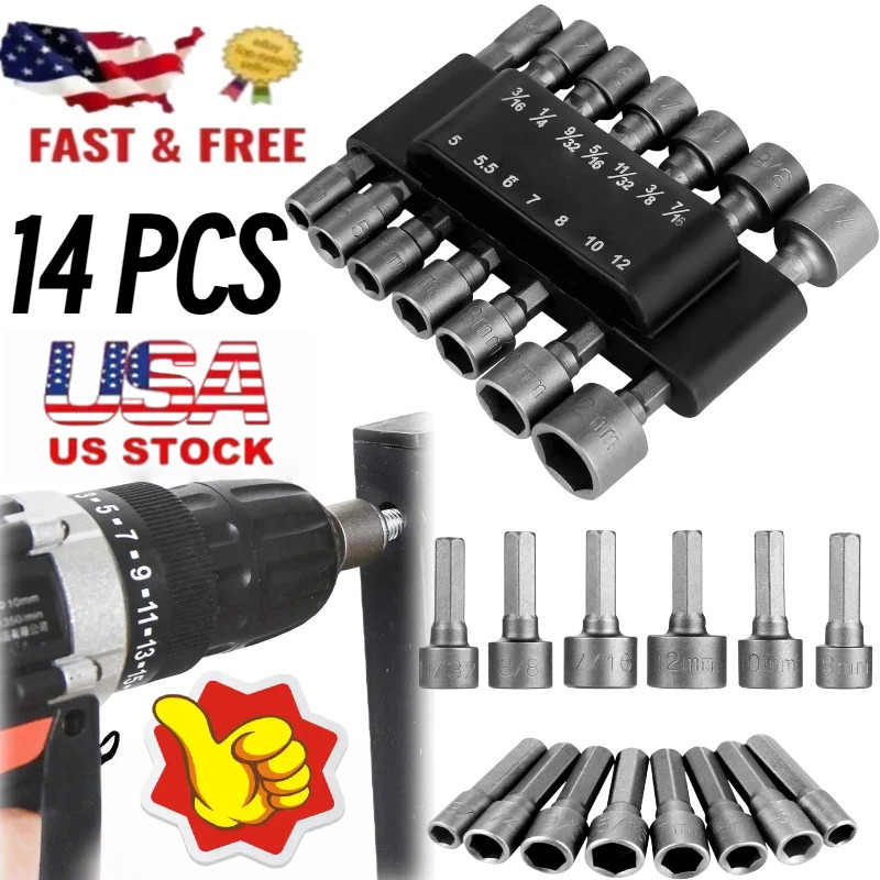 14pc POWER NUT Driver Bit Set Dual 1/4 Quick Change SAE & Metric MM Detent Shank