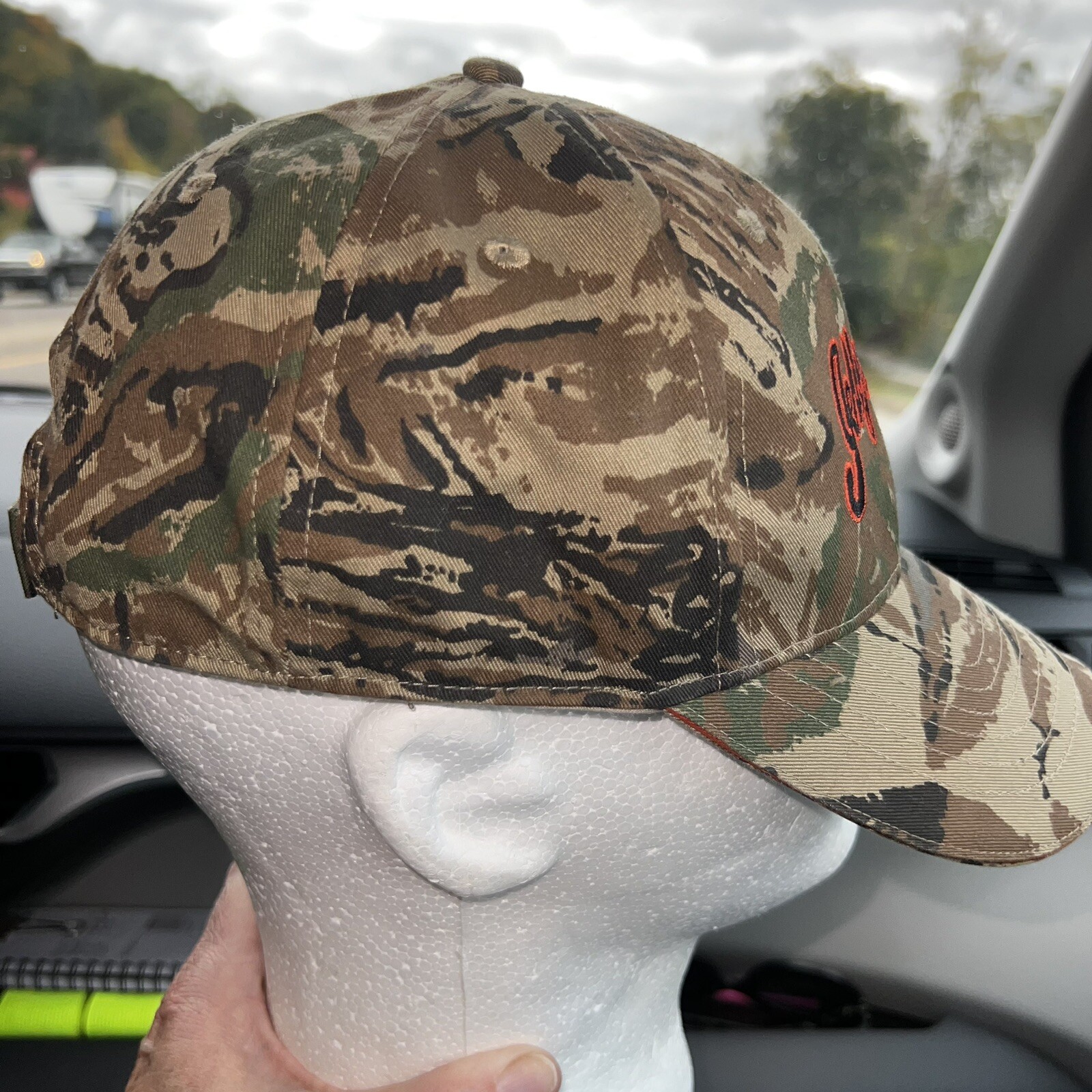 Jellystone Orange Letters w Black Outline on Camouflage Hat Cap Hook Loop EUC