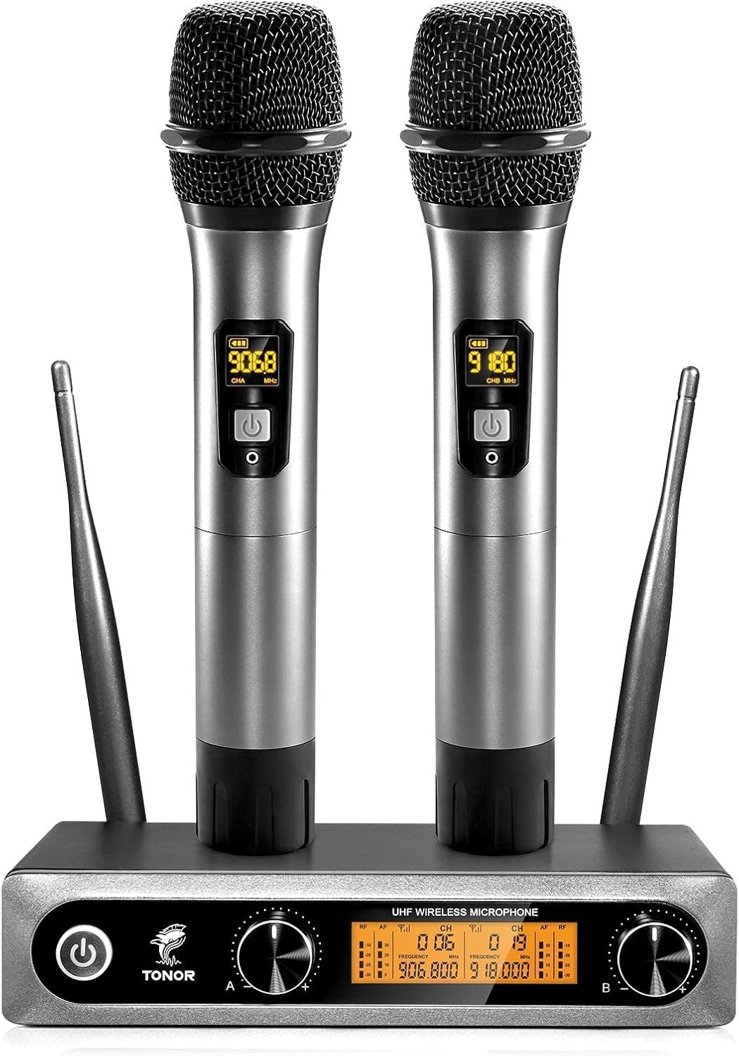 Professional UHF Wireless Microphone System - 2 Dynamic Mics, 60m Range, Silver