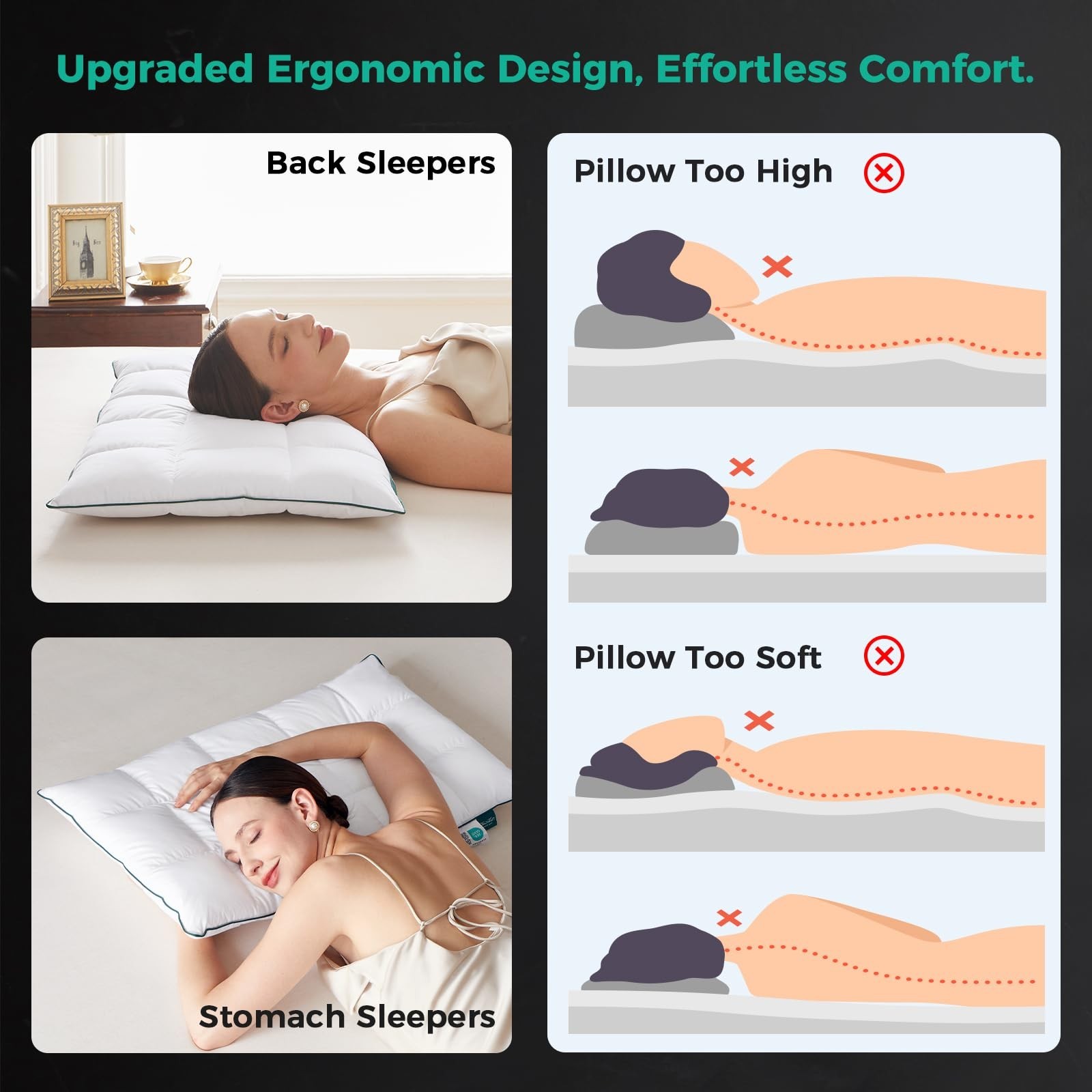 Three Geese Ultra Thin Flat Goose Down Feather Pillows Sleeping Standard Size