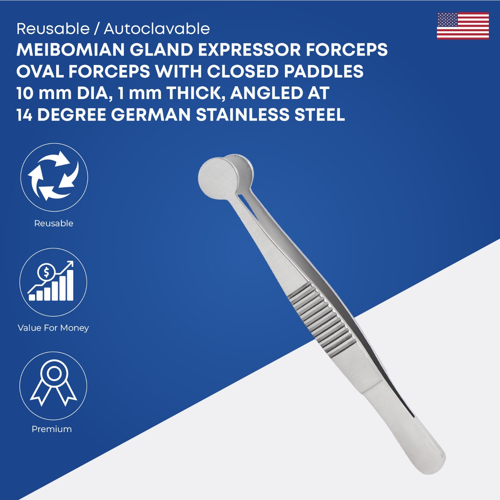 Meibomian Gland Expressor Forceps 10mm Oval Paddles Angled Ophthalmic Instrument