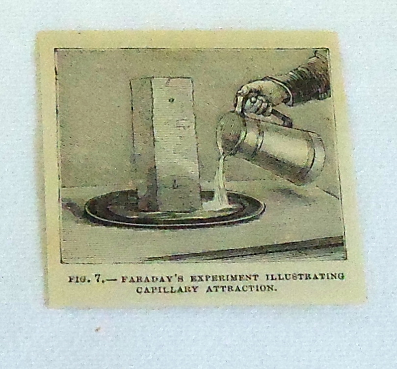 1880 small magazine engraving ~ FARADAY'S EXPERIMENT, CAPILLARY ATTRACTION