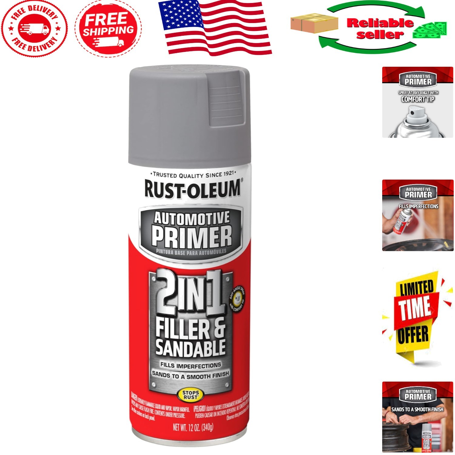 Automotive 12oz Sandable Spray Primer - Rust Preventive, Fast Dry, Gray