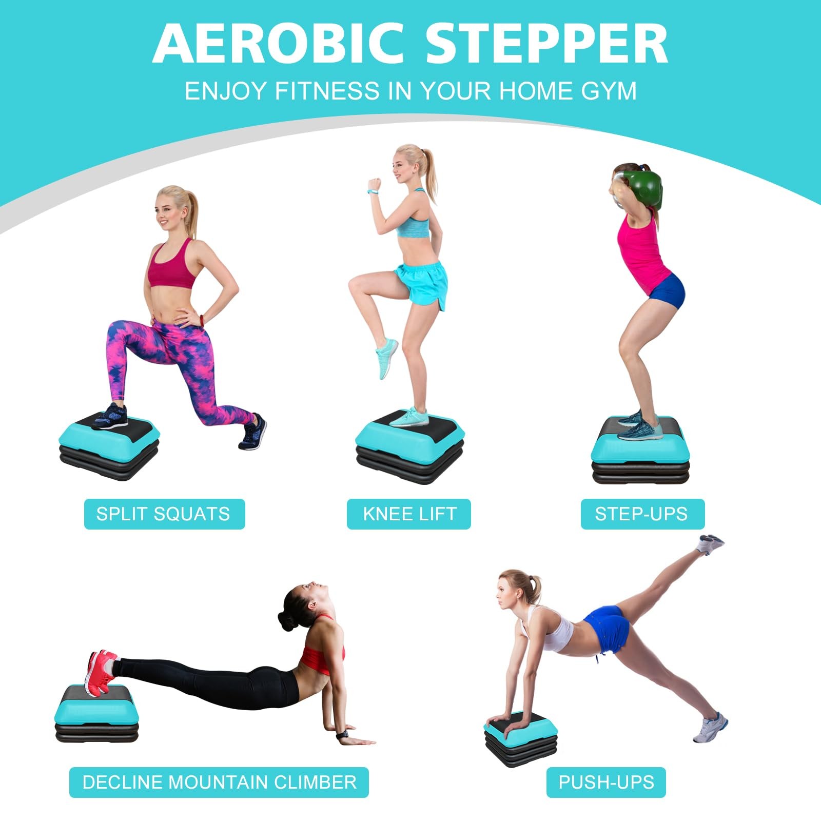 16"x16" Exercise Aerobic Step Platform with 4 Risers, Adjustable Height 4"-6"...
