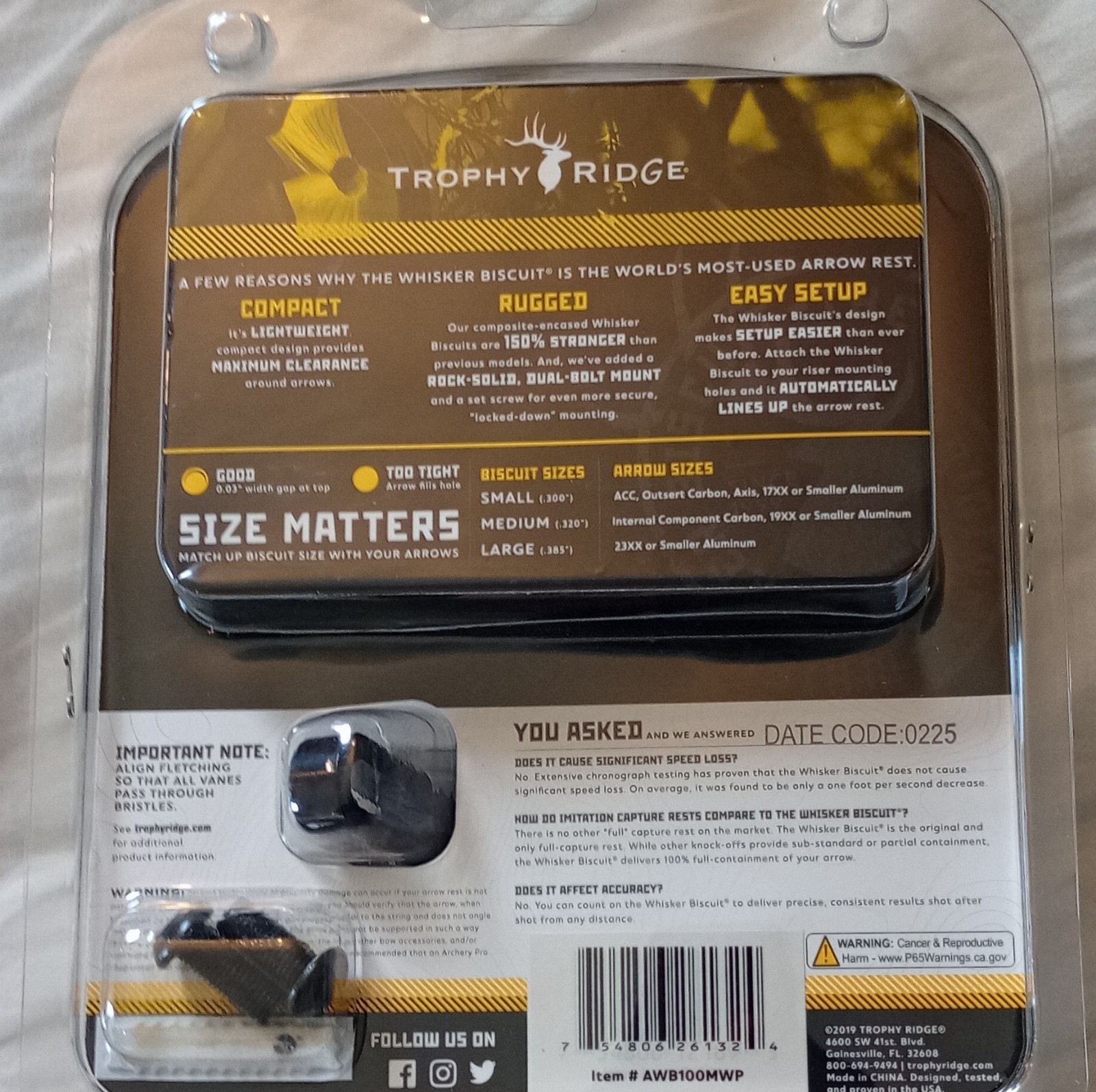 Trophy Ridge Whisker Biscuit Quick Shot Arrow Rest Medium Black AWB100MWP