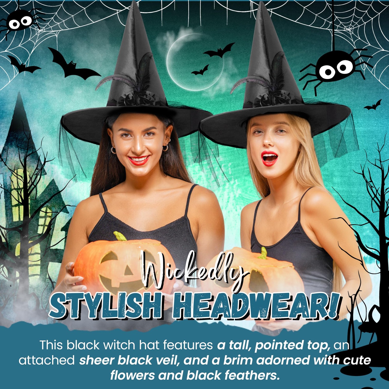 Halloween Witch Hat for Women - Black Witch Hat with Feathers and Black Lace
