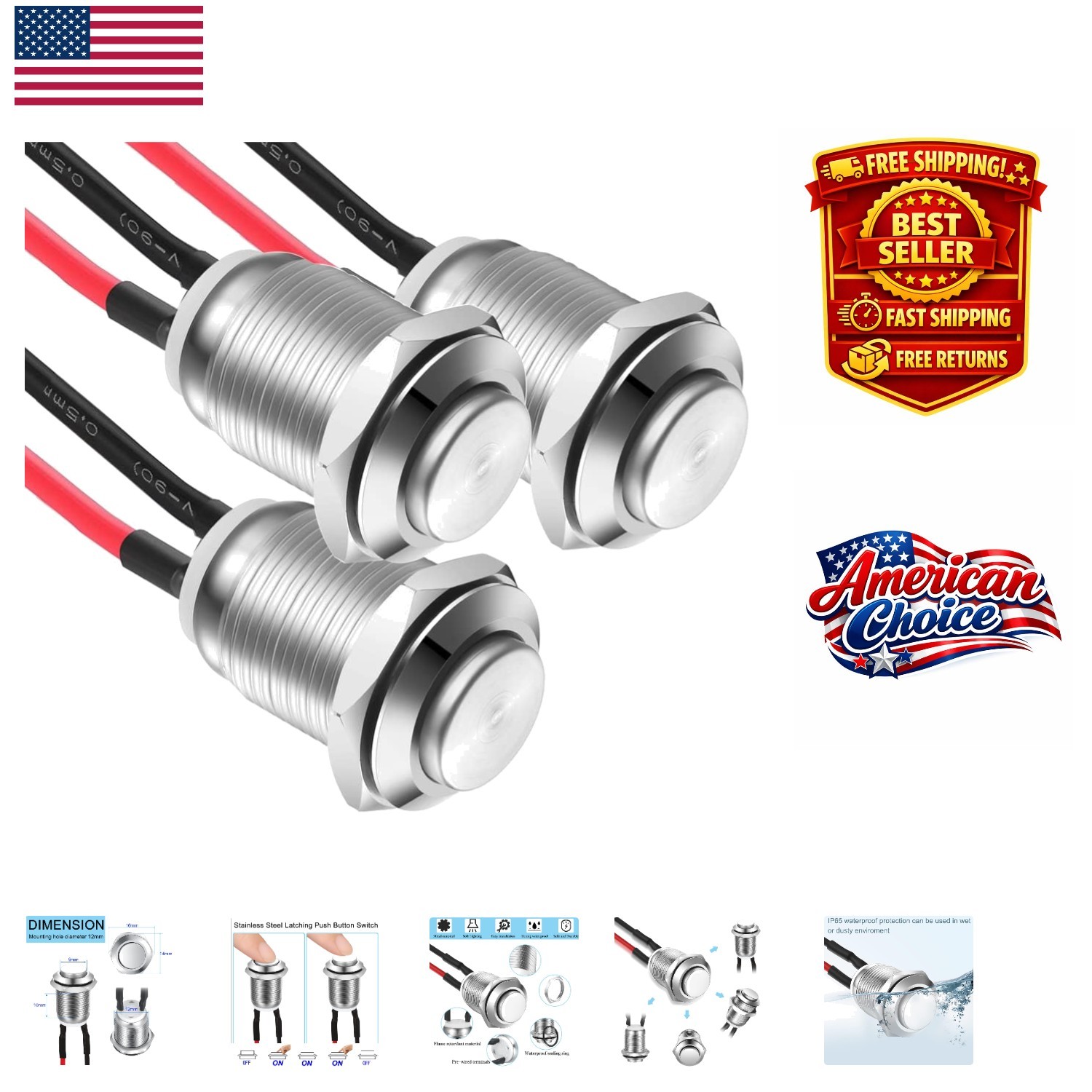 3 Pcs Latching Waterproof Push Button Switch, 12mm &  Self-Locking Switches
