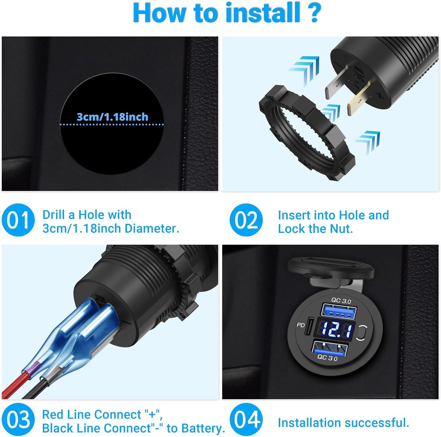 12-24V Dual USB Quick Charge 3.0 Port & PD USB C Car Charger Socket w/ Voltmeter