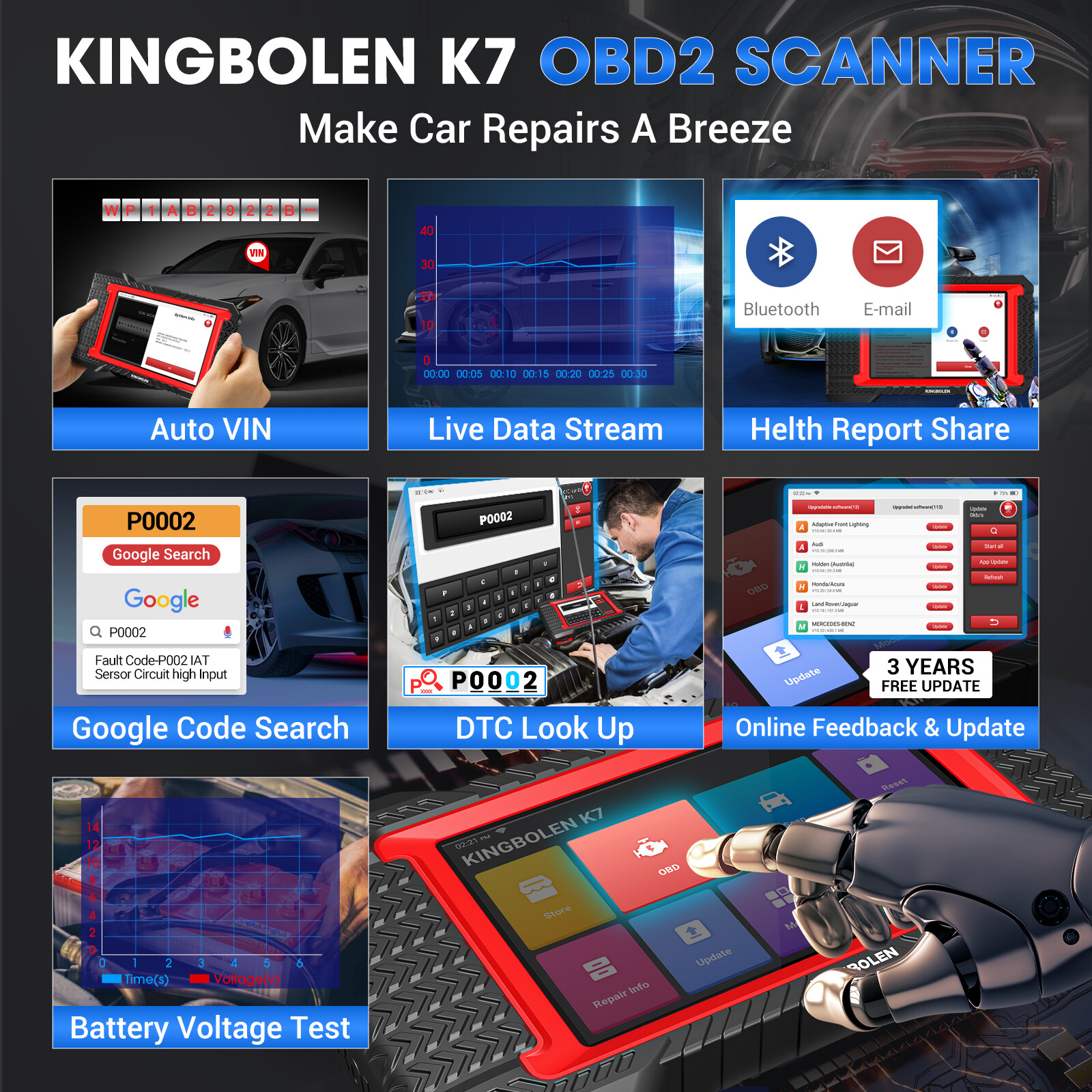 KINGBOLEN K7 PRO Car OBD2 Scanner Full System Diagnostic Tool ECU Key Coding