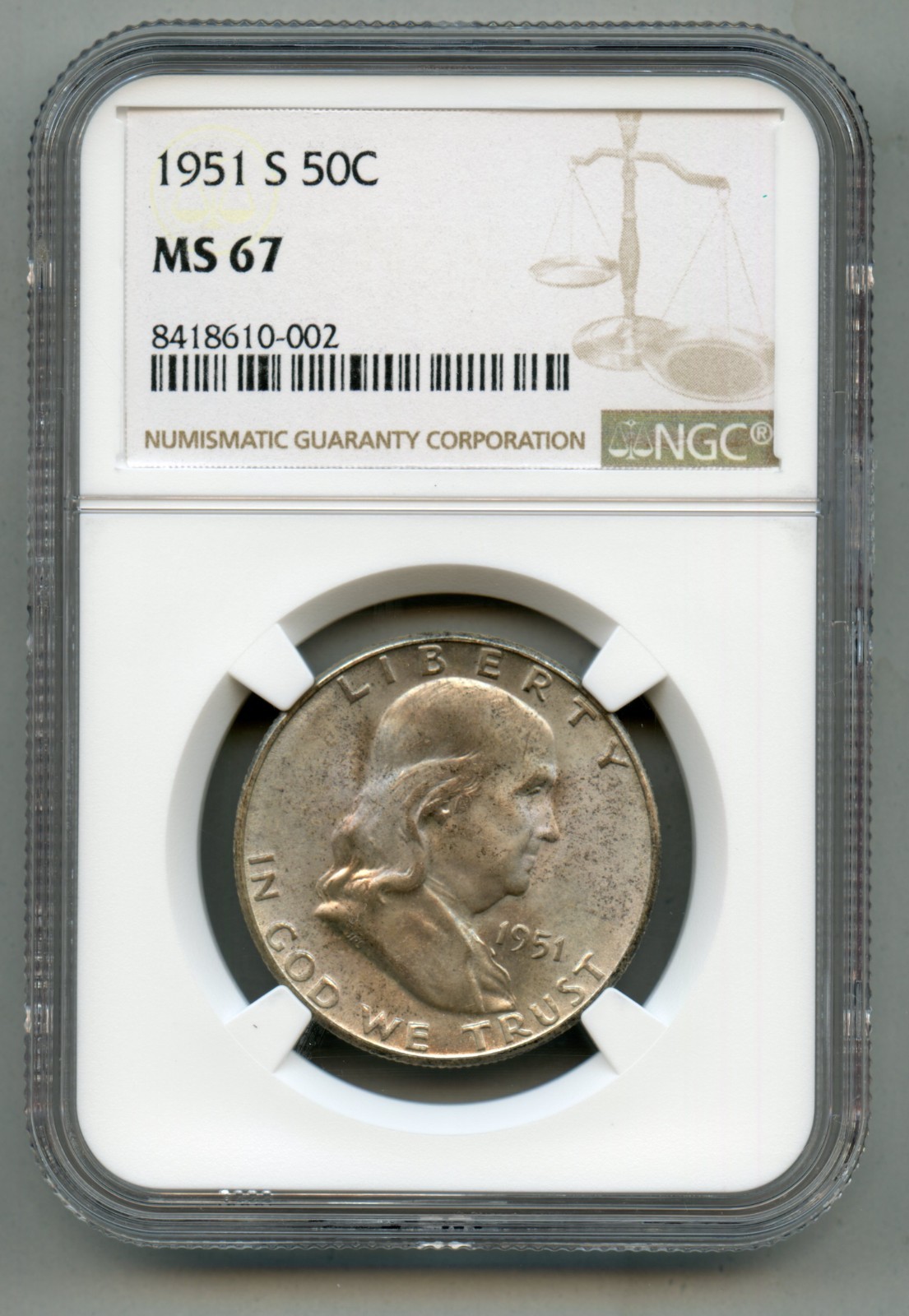1951 S Franklin Silver Half Dollar NGC MS 67