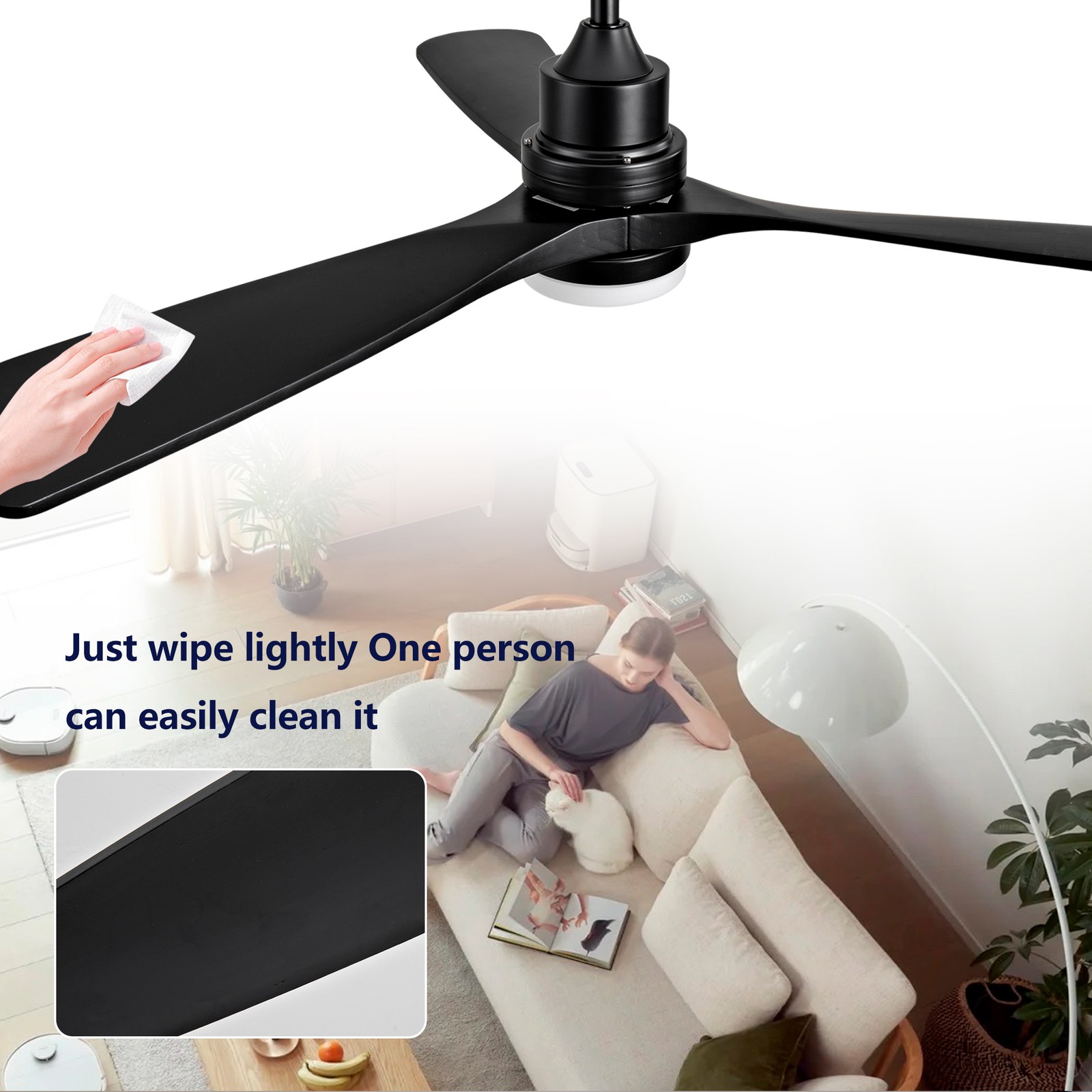 52" Modern Black Ceiling Fan With Light 3 Solid Wood Blades Remote Control