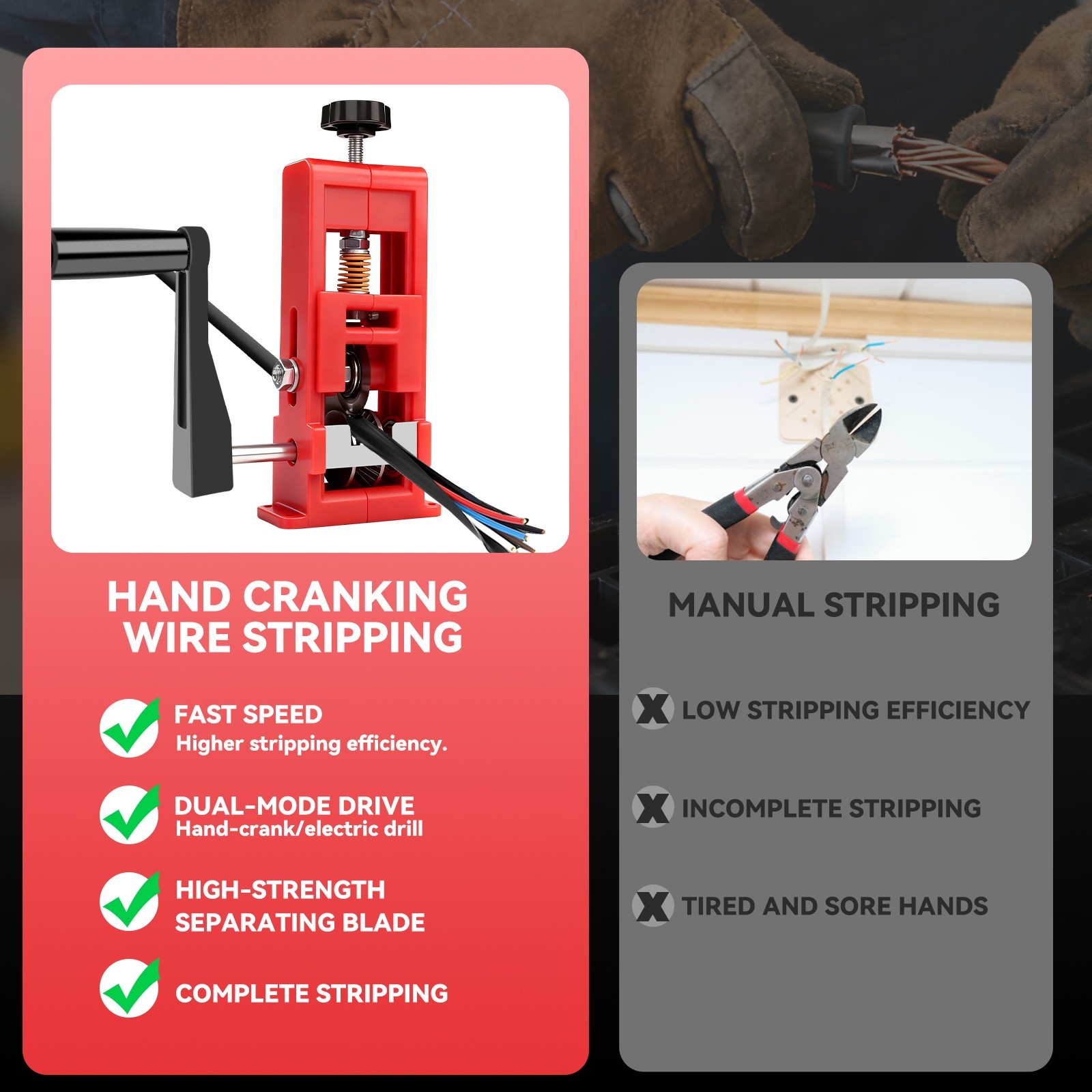 Wire Stripper Machine Hand Crank & Drill Driven Scrap Cable Peeler Tool 14AWG-1"