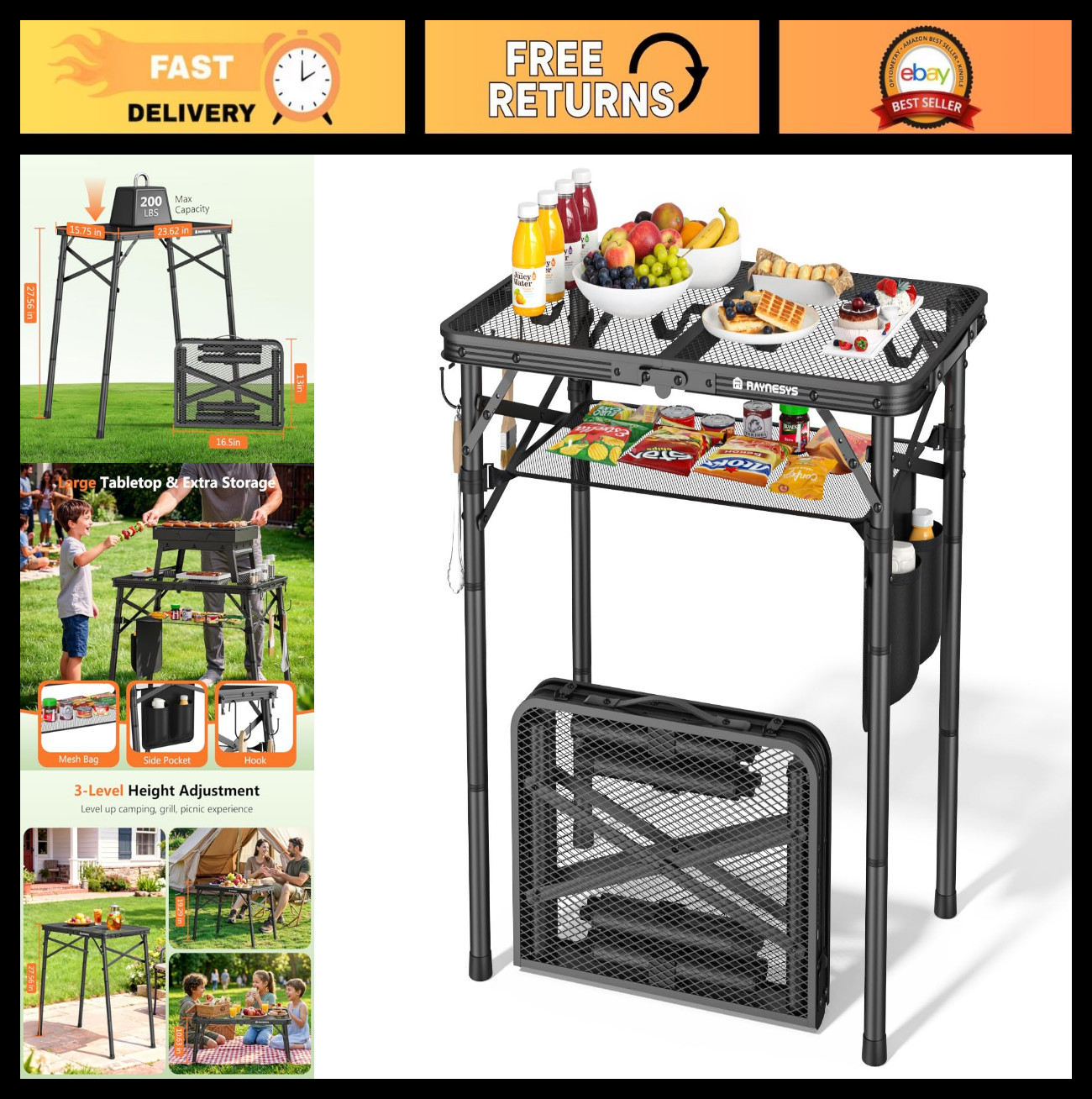 Portable Folding Grill Table - Adjustable Height Camping Table with Mesh Bag, 24