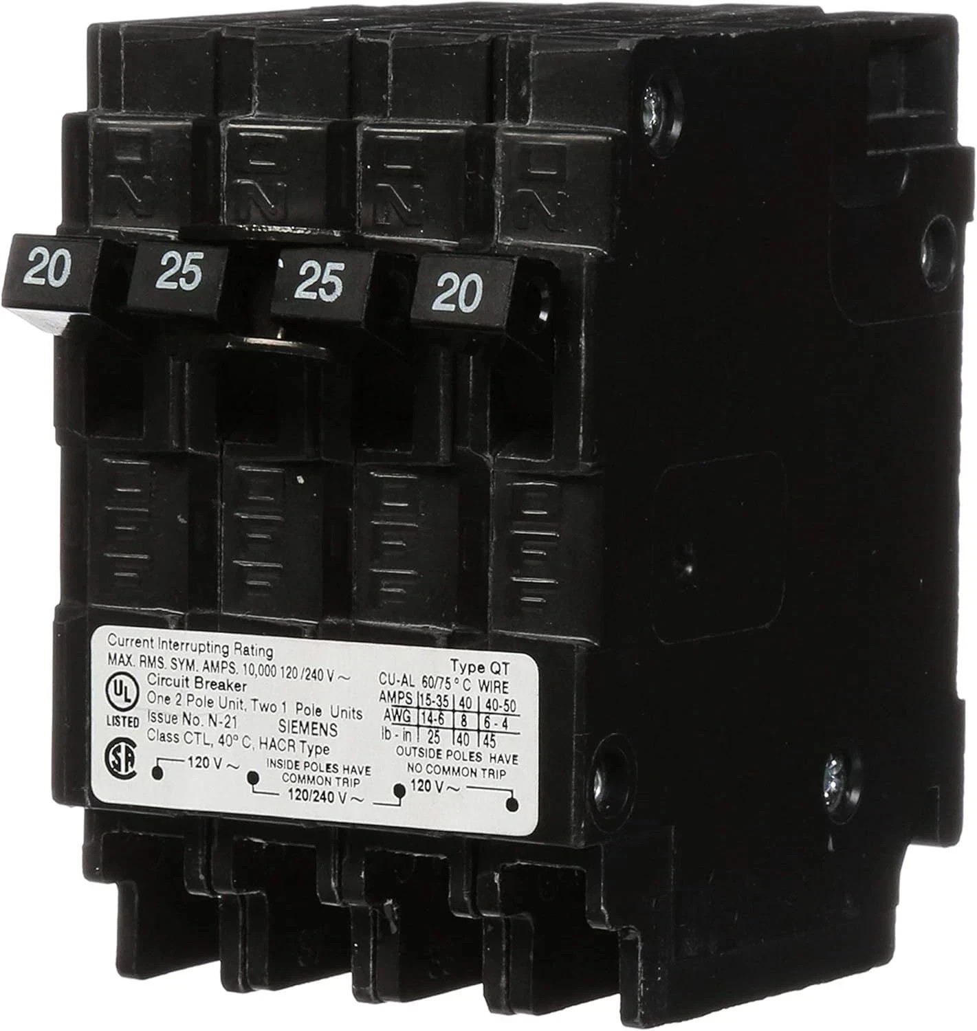 SIEMENS Q22025CT 25-Amp Double Pole Two 20-Amp Single Pole Circuit Breaker ⭐NEW⭐