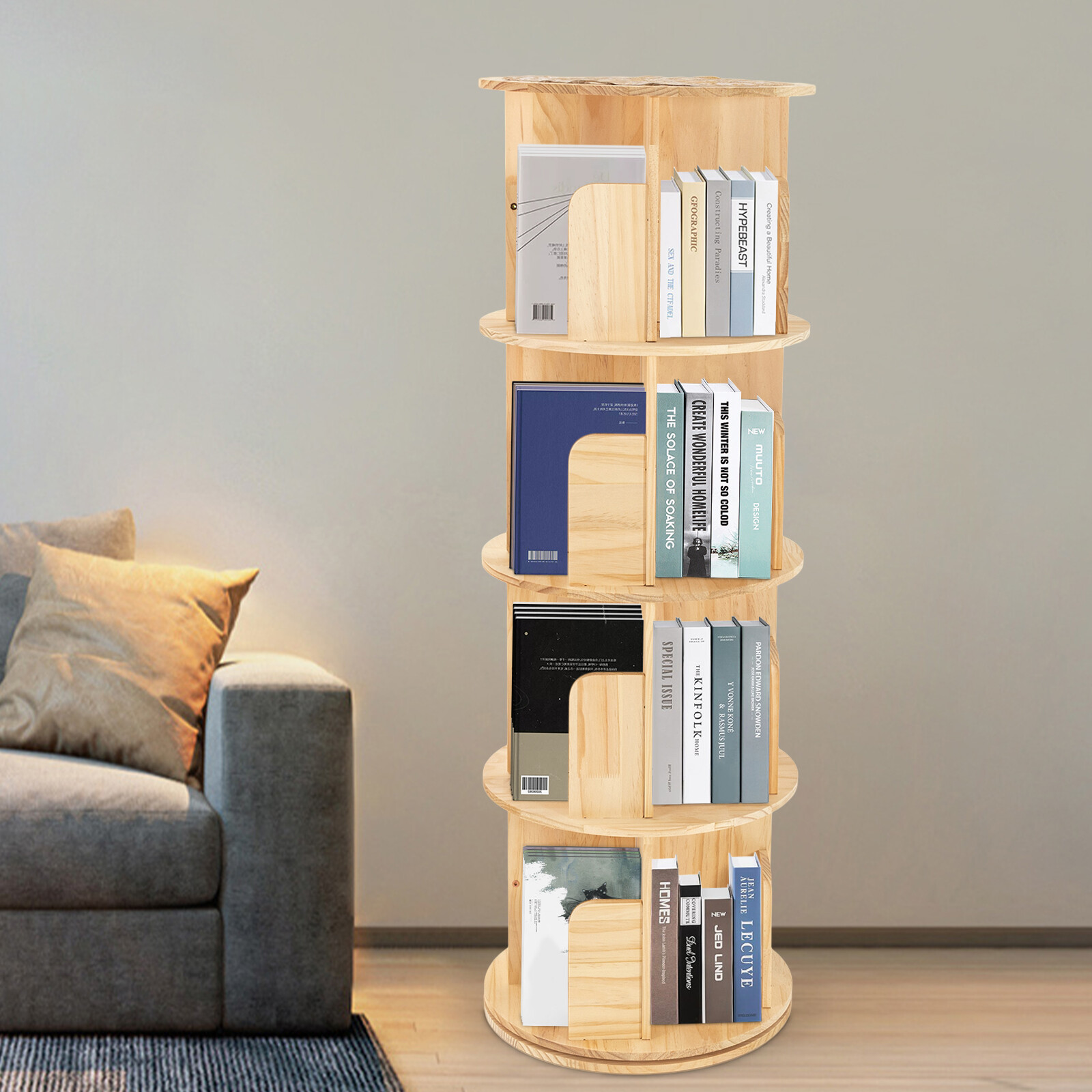 360 Rotating Display Floor Stand Storage 4 Tiers Bookshelf Modern Wood Bookcase