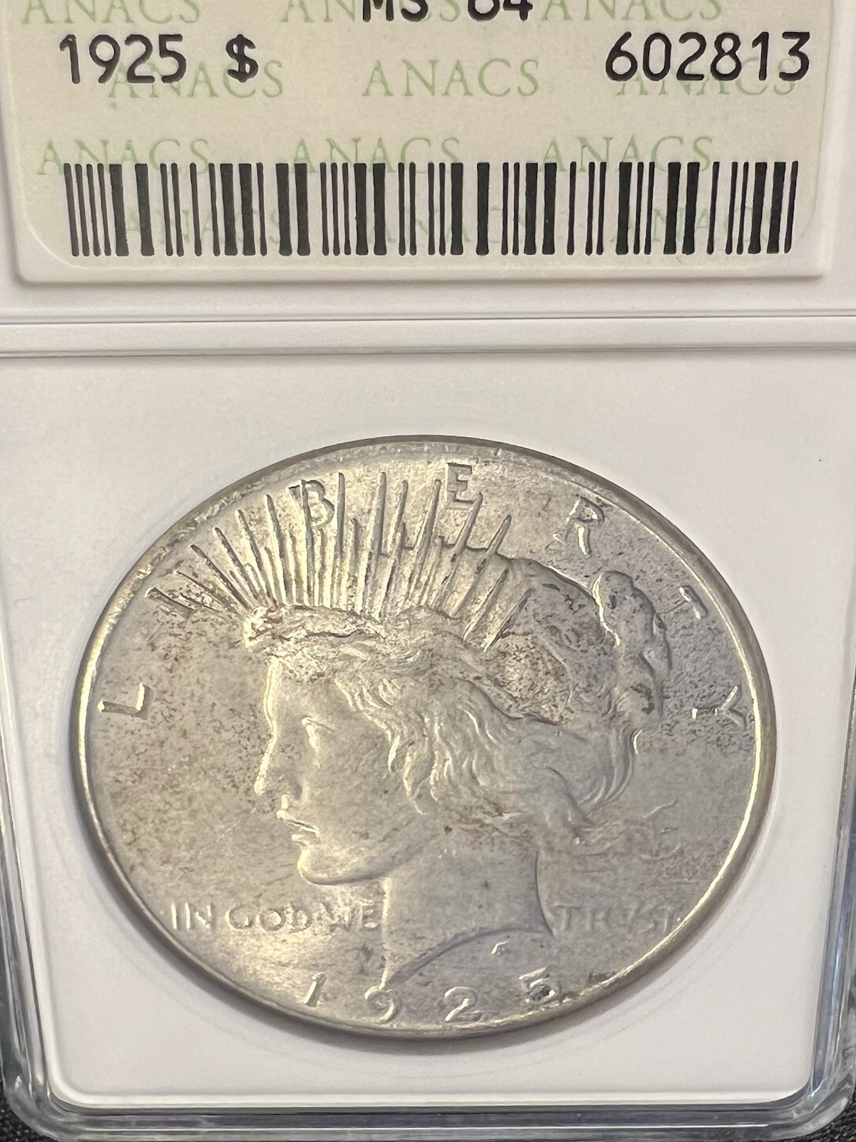 1925-P Peace Silver Dollar -- ANACS MS64 -- old Soapbox Holder!