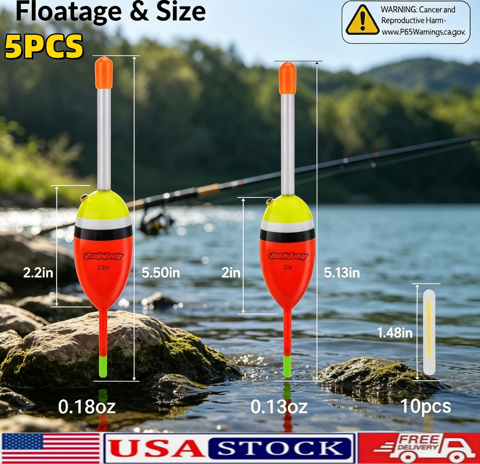 Lighted Slip Bobbers 5Pcs Wood EVA Floats 10 Glow Sticks Night Fishing for Bass