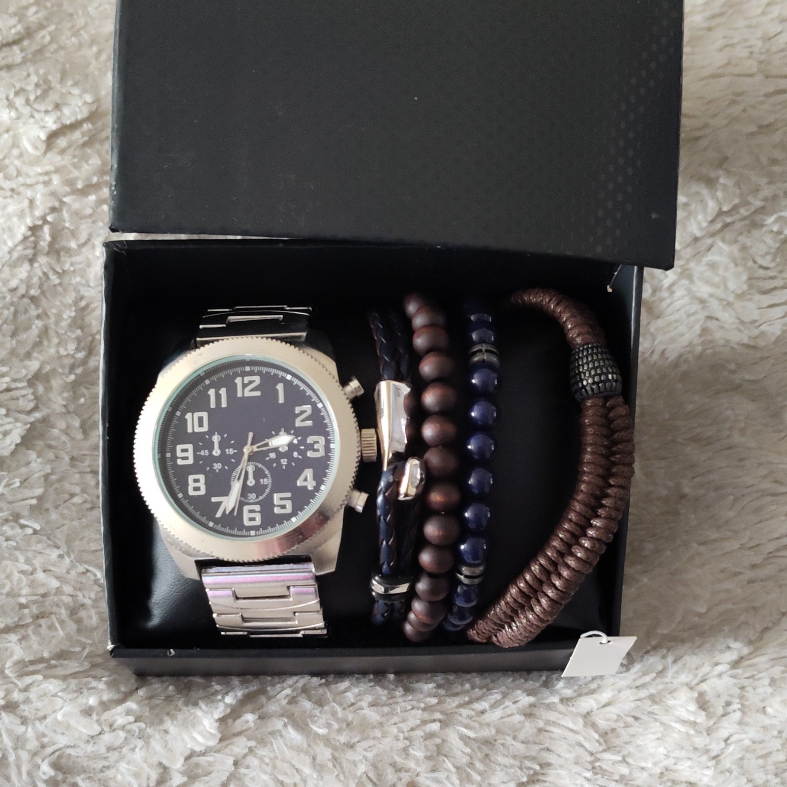 Men's 4 Piece Watch & Bracelet Set Beaded Braided Metal Wood Leather