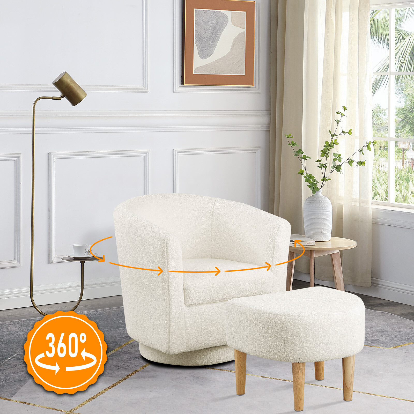 Modern Swivel Accent Chair w/ Ottoman Upholstered Club Tub Barrel Armchair Sofa