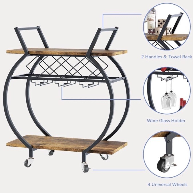 2 Tier Rolling Bar Cart Home Serving w/ Wine Rack & Wheels Modern Rustic Round