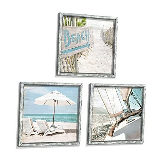 Coastal Framed Wooden Wall Art: Ocean Pictures 16" x 16" White Beach Chair Boat