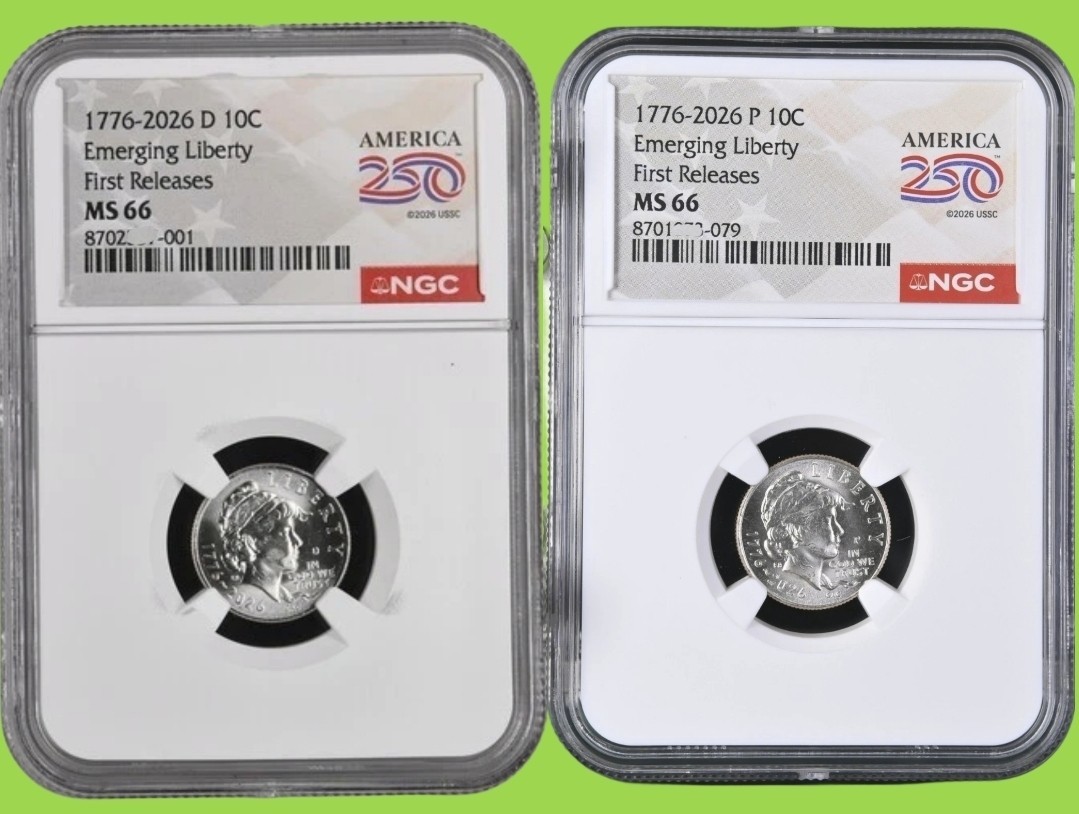 1776 2026 P & D 10C EMERGING LIBERTY NGC MS66 2-COIN SET  250th DIME First Rel