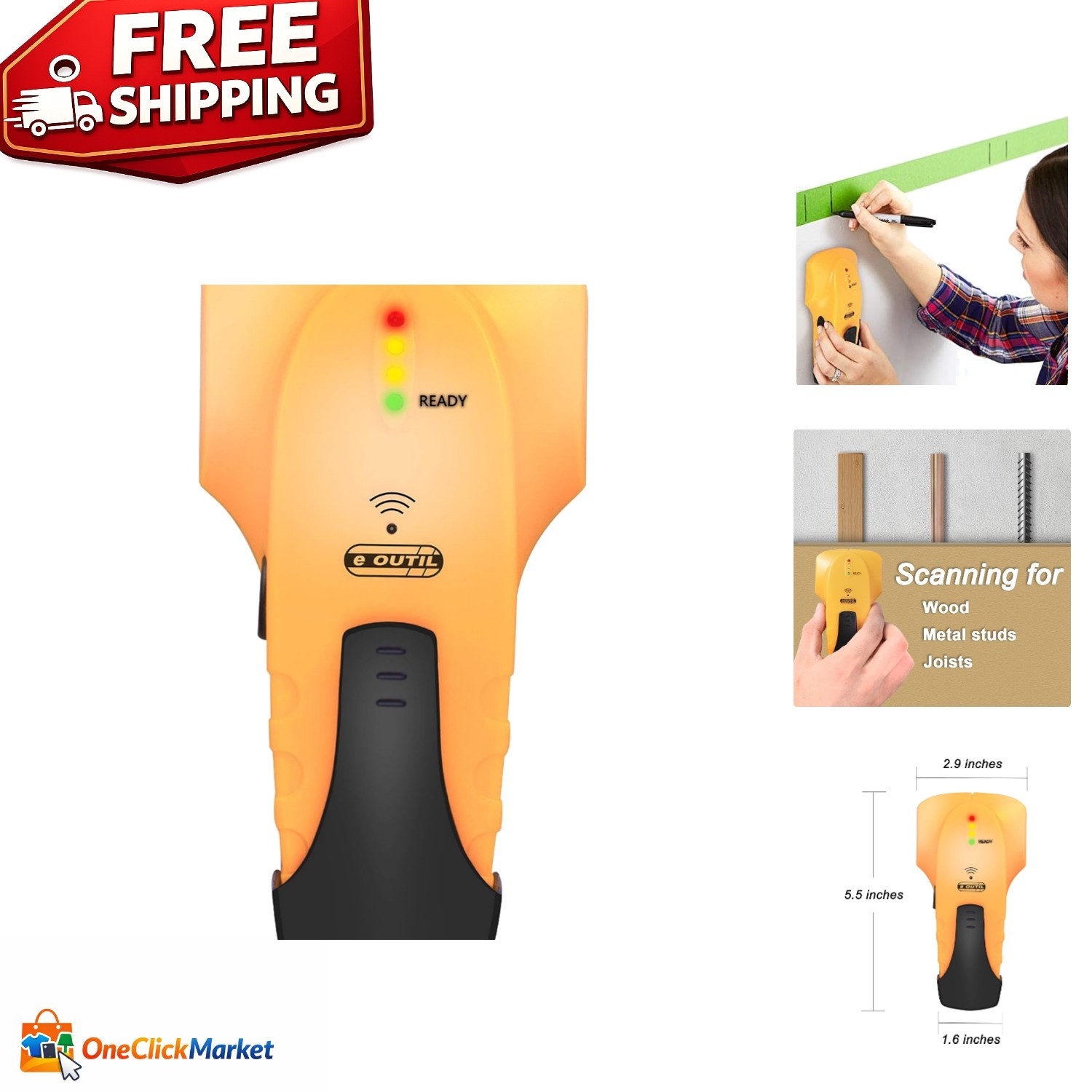 Compact Battery-Powered Stud Finder for Wood & Metal Detection - 3/4" Deep