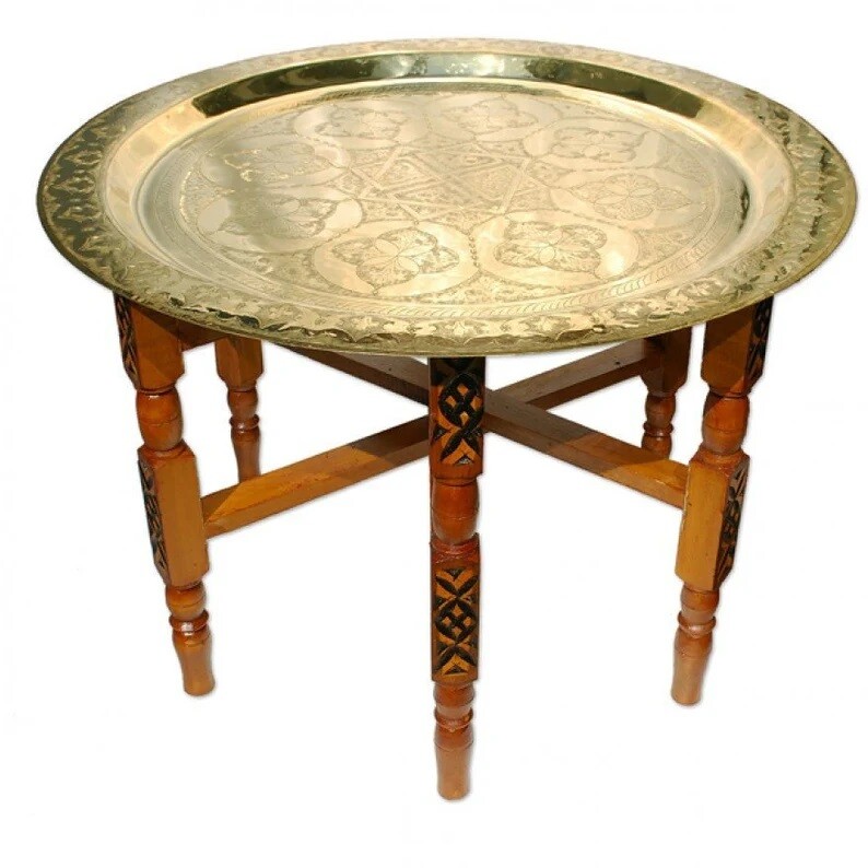 Handmade Moroccan 16" Round Brass Tray Tea Table with folding Wood Stand