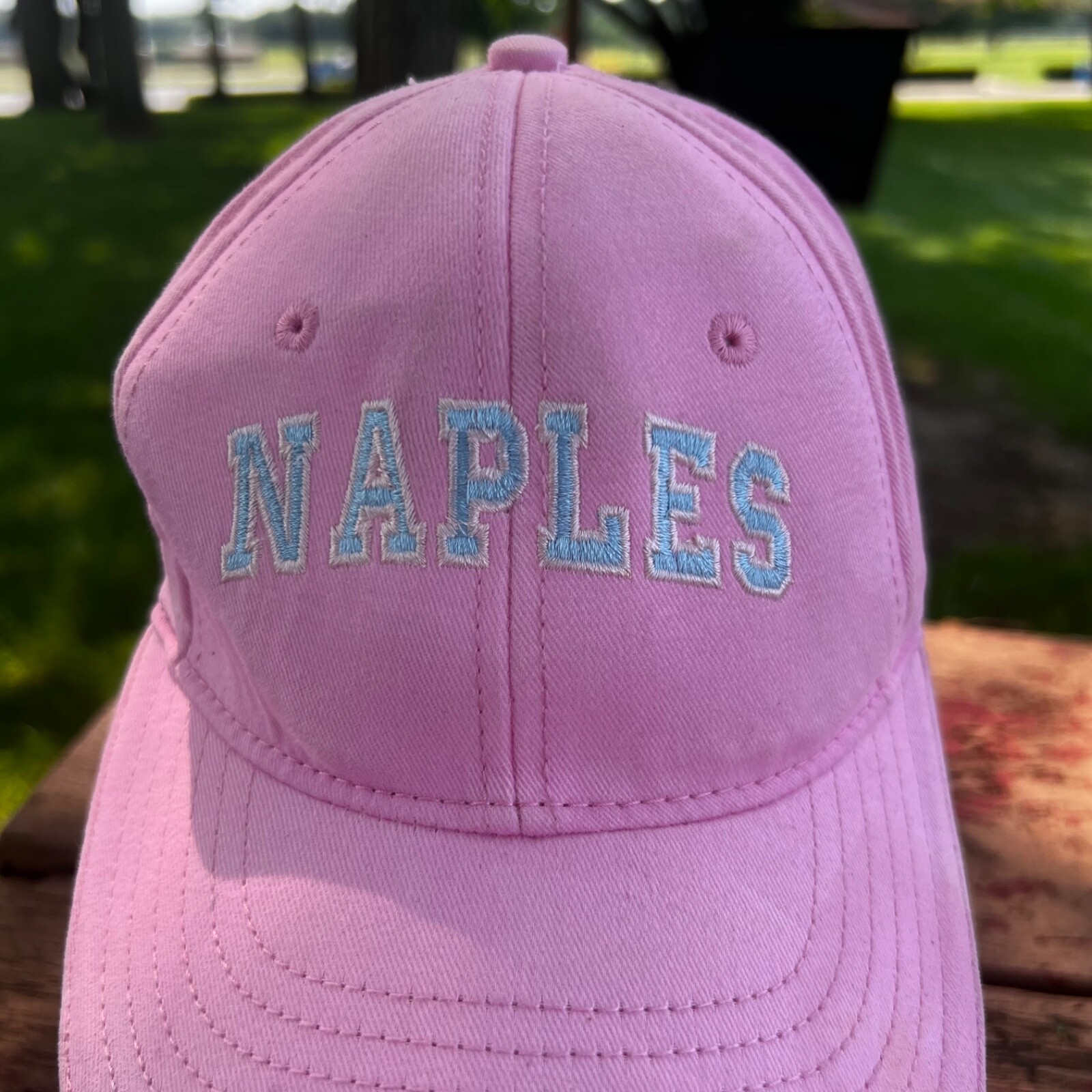 Naples Hat Cap Pink with Light Blue/White Letters on Front Strap Buckle Cotton