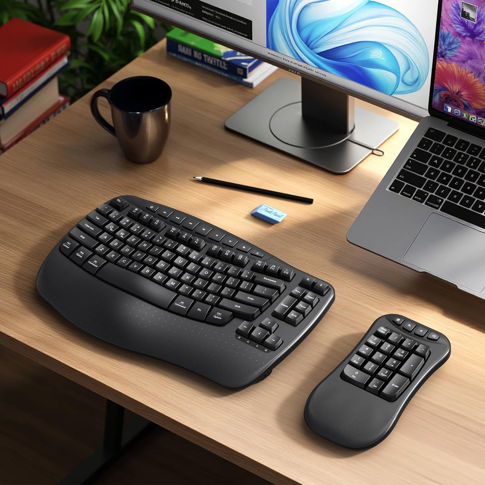 MEETION Wave Ergonomic Split Keyboard with Numeric Keypad, Black | 2.4G/Bluet...