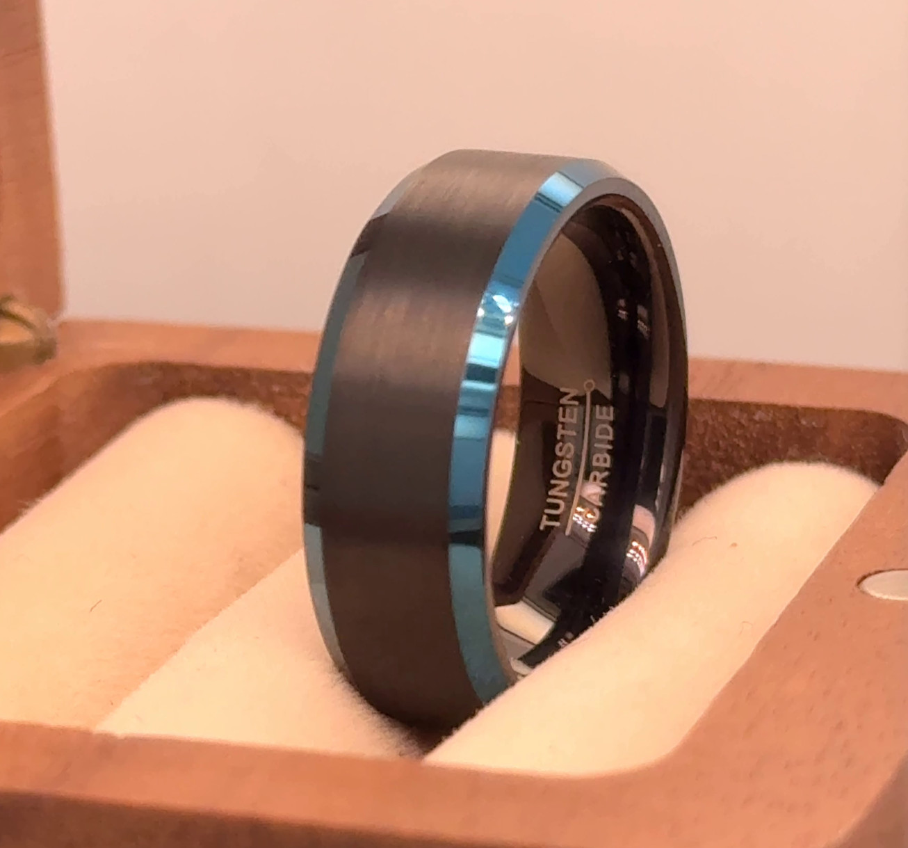 Black Brushed Tungsten Ring Blue Polished Edges Engraving Ring Xmas Gift Ring