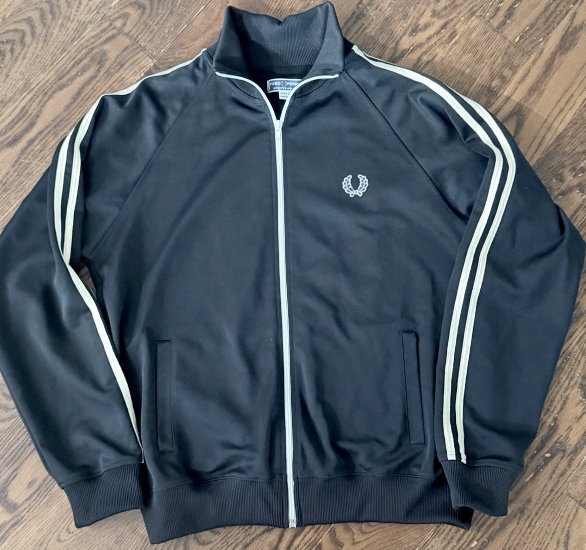 Fred Perry Track Jacket Mens M Black Full Zip Twin Stripe Portugal Laurel Logo