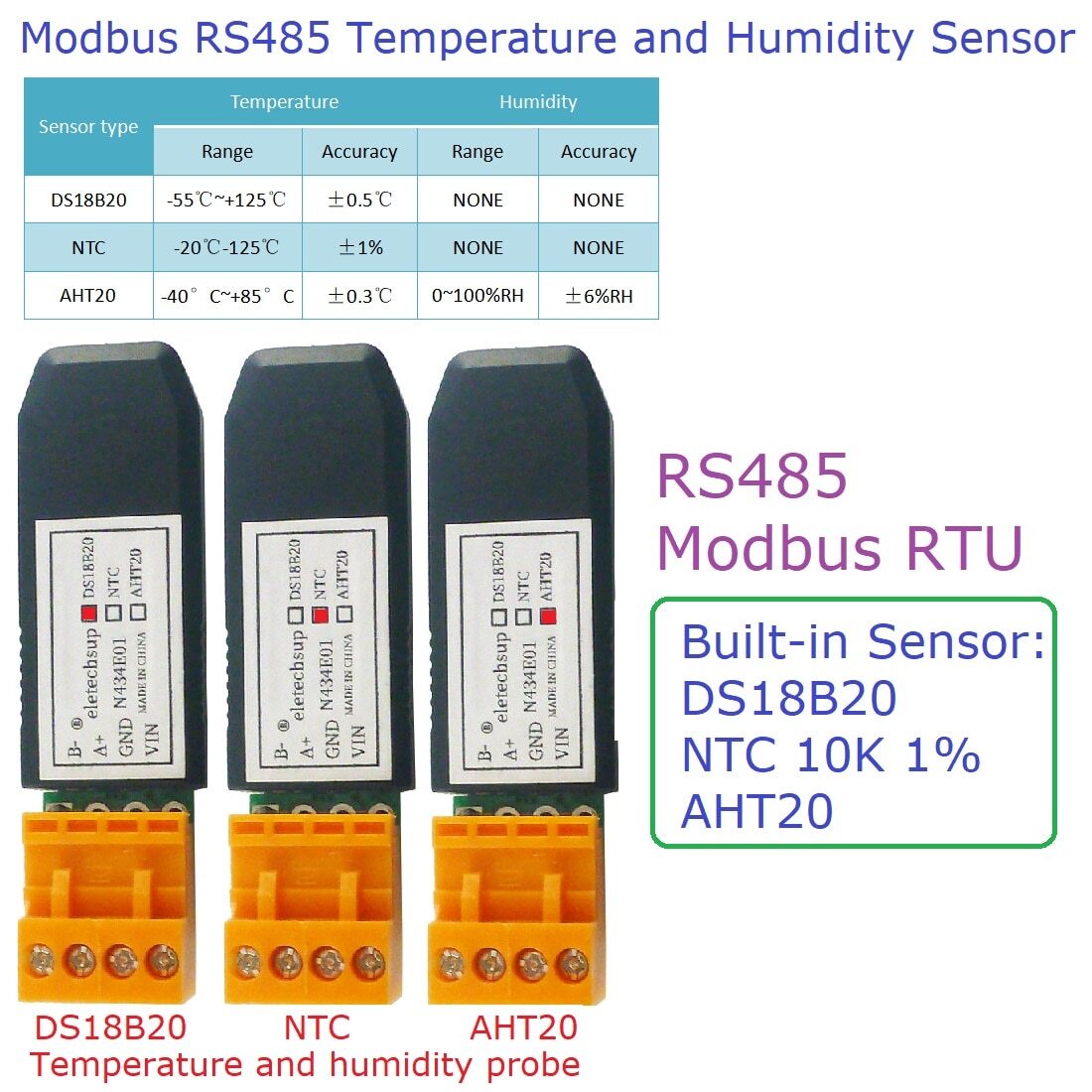 N434E01 DS18B20 NTC AHT20 Built-in DC 5~15V Modbus RS485 PLC Temperature Humidit