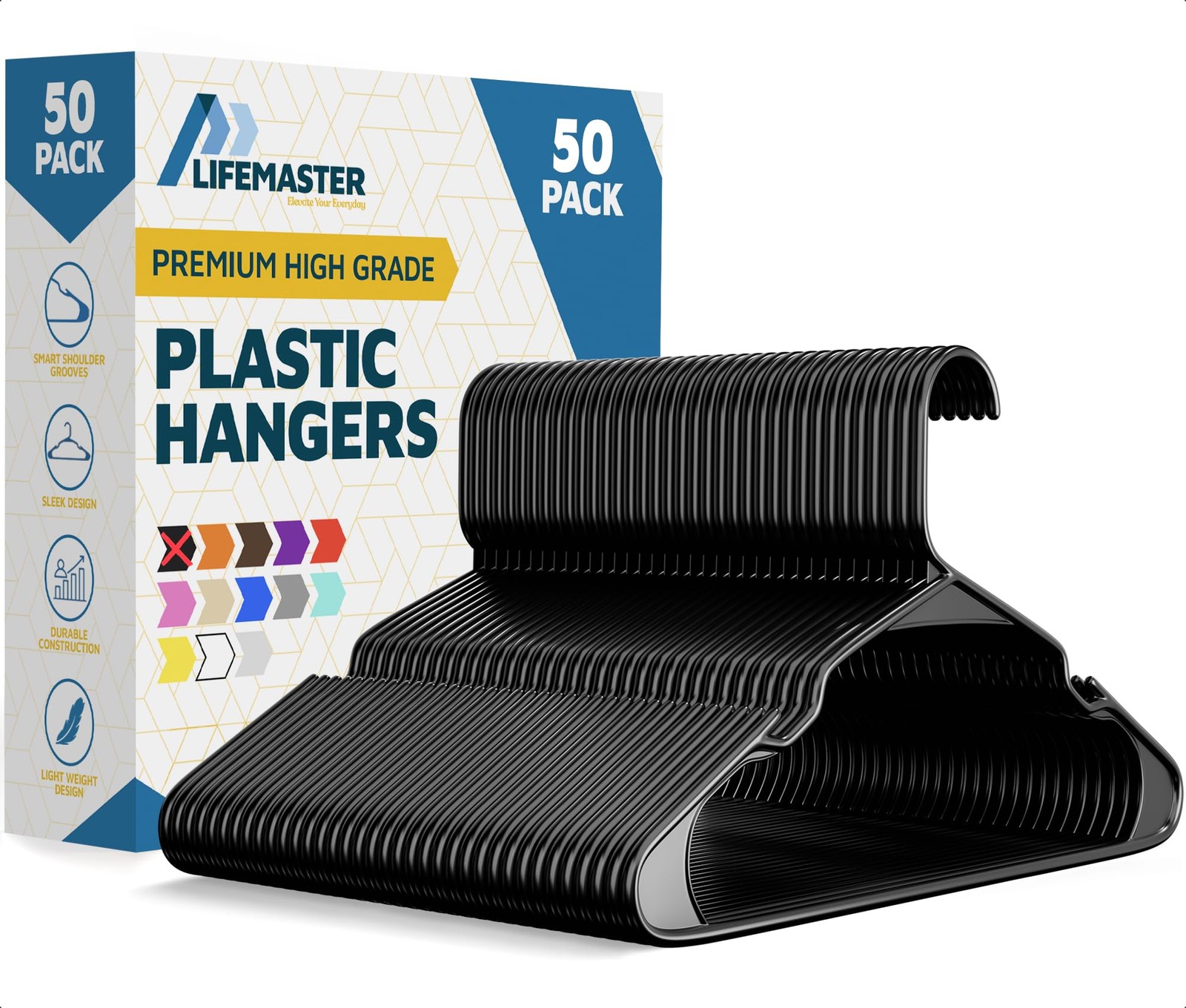 50 PCS Black Plastic Clothes Hanger Set Versatile Slim Space-Saving Non-Slip