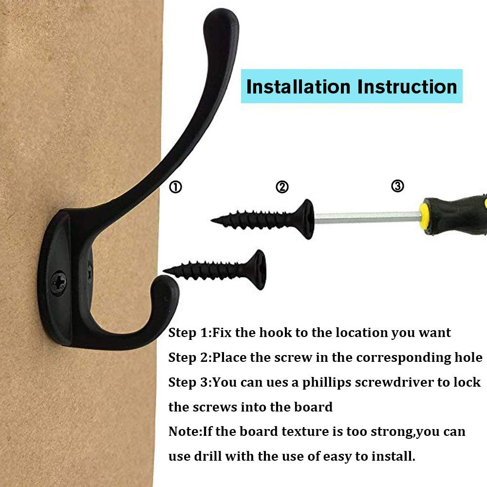 10 Pack Black Double Coat Hooks No Rust Hooks for Coat, Scarf, Bag