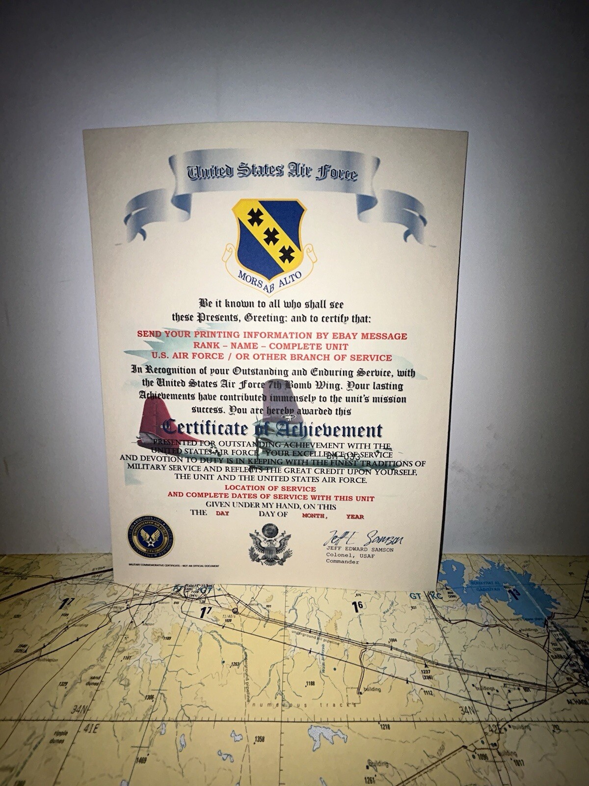U.S.A.F. / AIR FORCE 7TH BOMB WING - CERTIFICATE OF ACHIEVEMENT