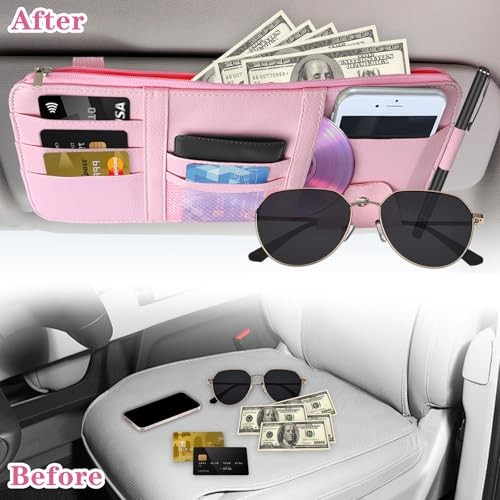 Sun Visor Organizer (Pink),Car Visor Storage Holder for Sunglasses, Documents,