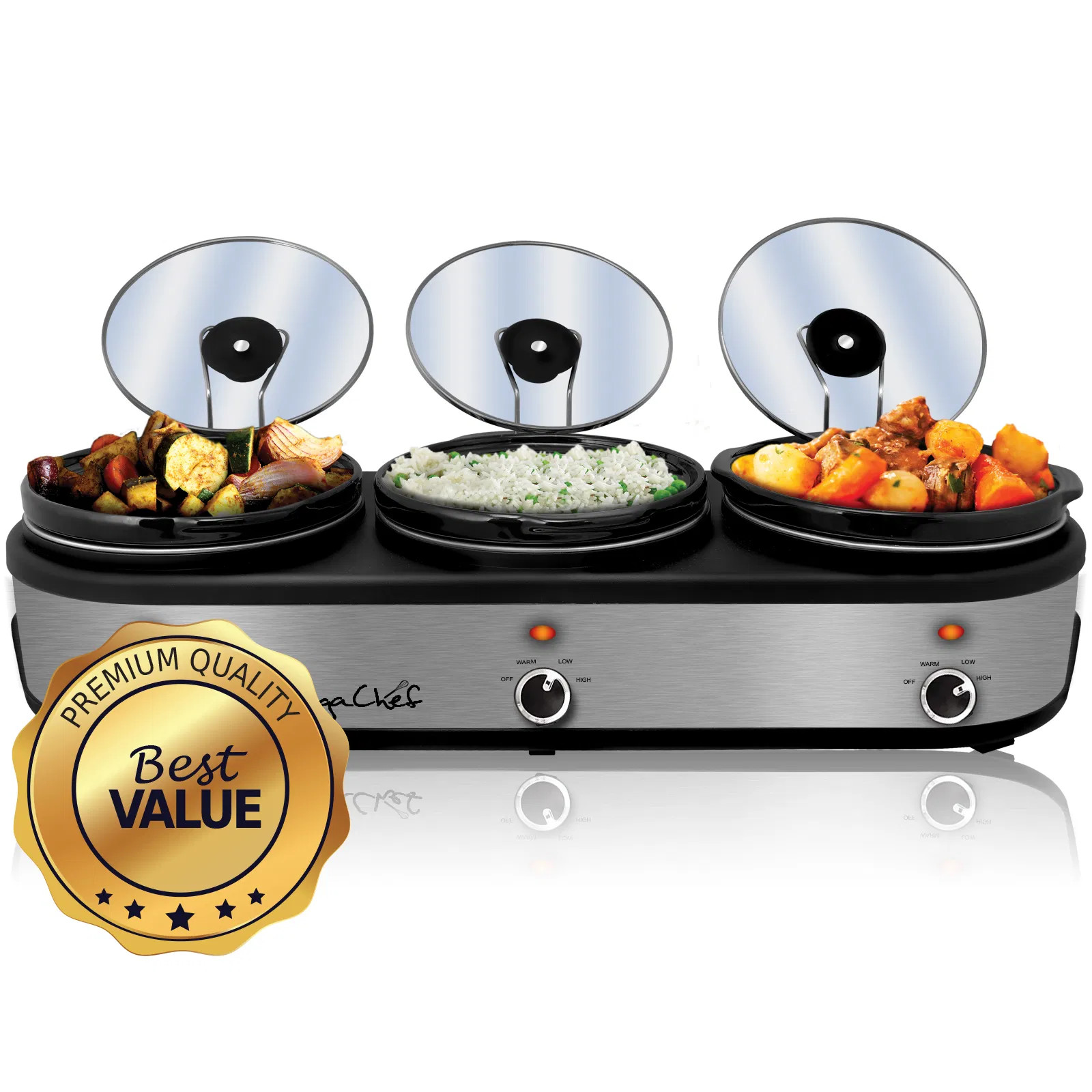 MegaChef Triple 2.5-Quart Slow Cooker & Buffet Server (Brushed Silver/Black) wit