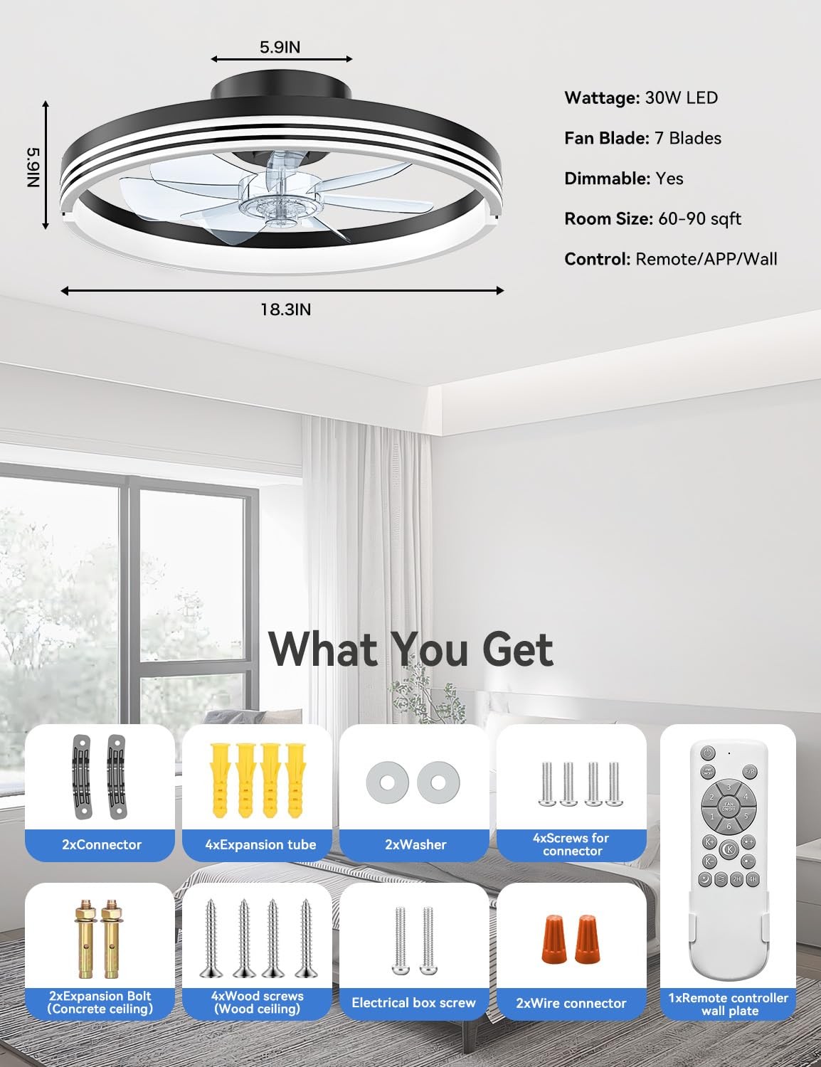 18" Ceiling Fans with Lights and Remote, Low Profile Flush Mount Ceiling Fan ...