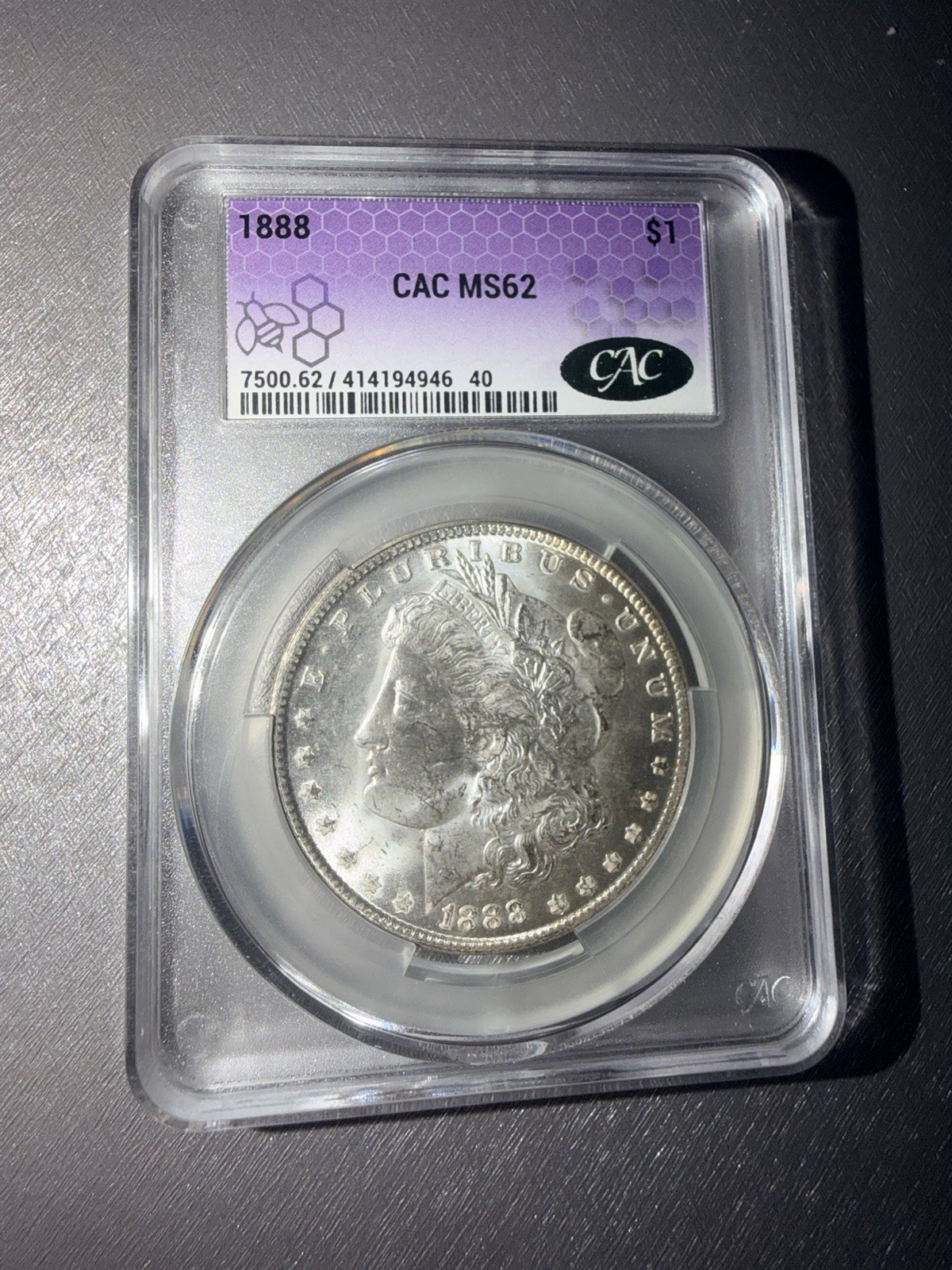 1888 Morgan Silver Dollar CAC MS62 Better Date - TraderBea Label