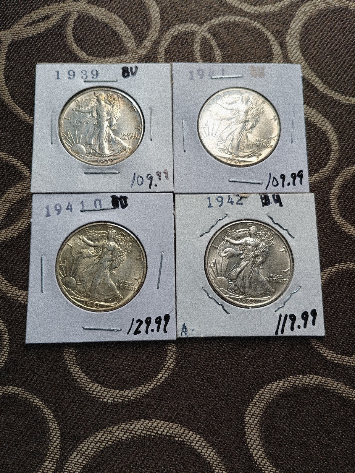 4 Walking Liberty Half Dollar Lot 90% Silver 1939-P, 1941-P, 1941-D, 1942-P