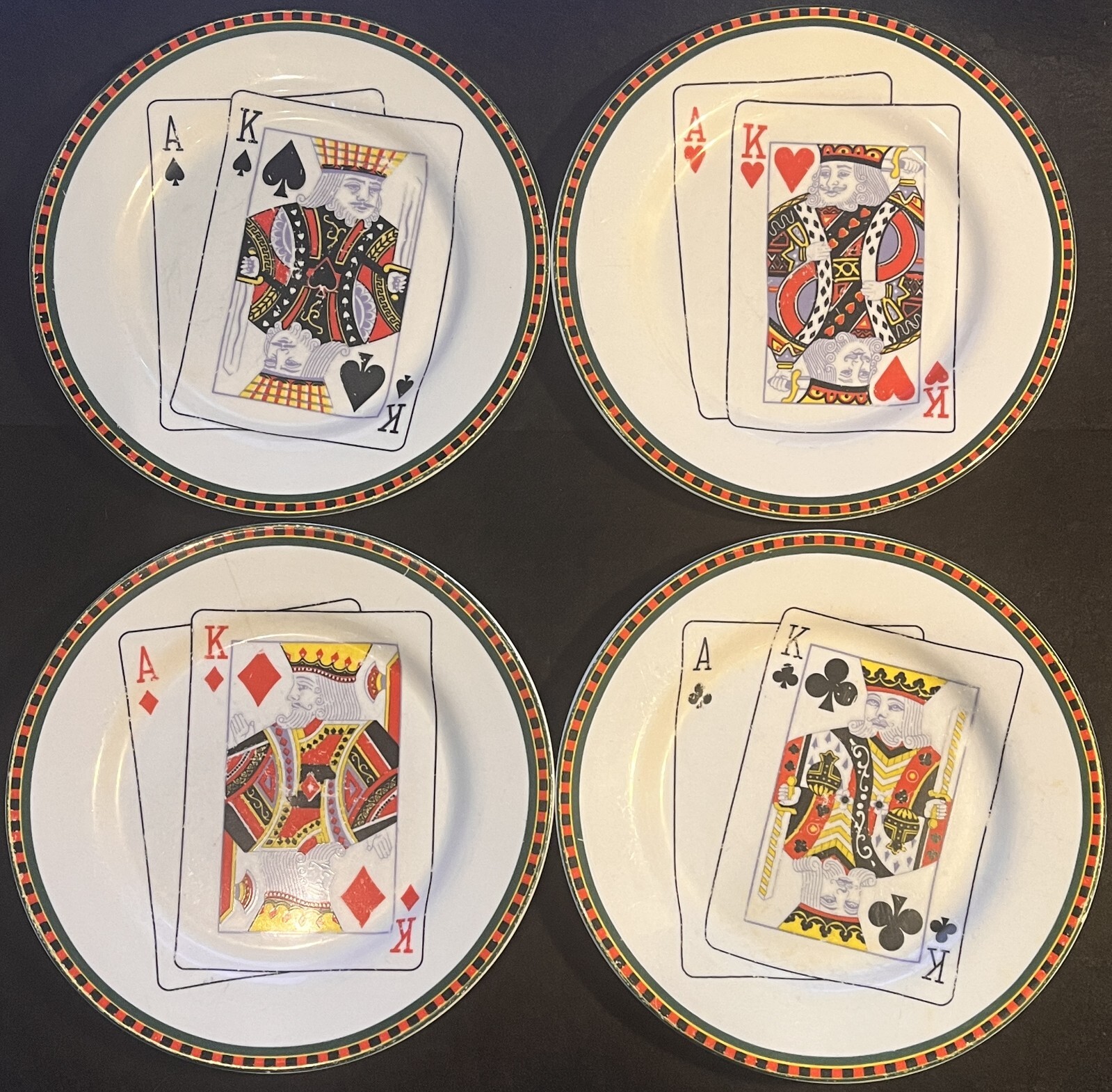 4 Card Suits Casino Poker Ace King Stoneware Plates American Atelier At Home VG!